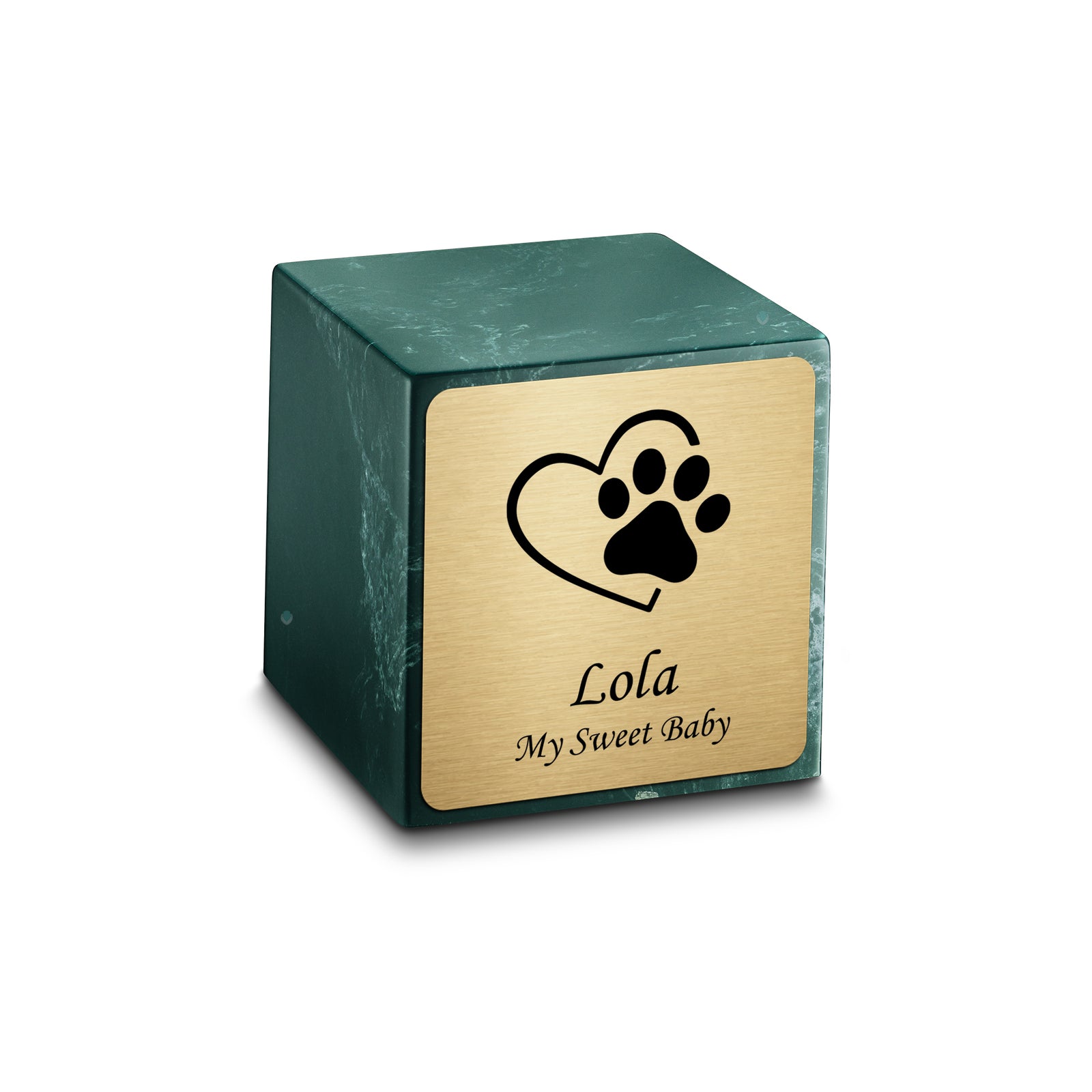 Small Cube Single Heart Paw Evergreen Cultured Marble Pet Cremation Urn by MacKenzie