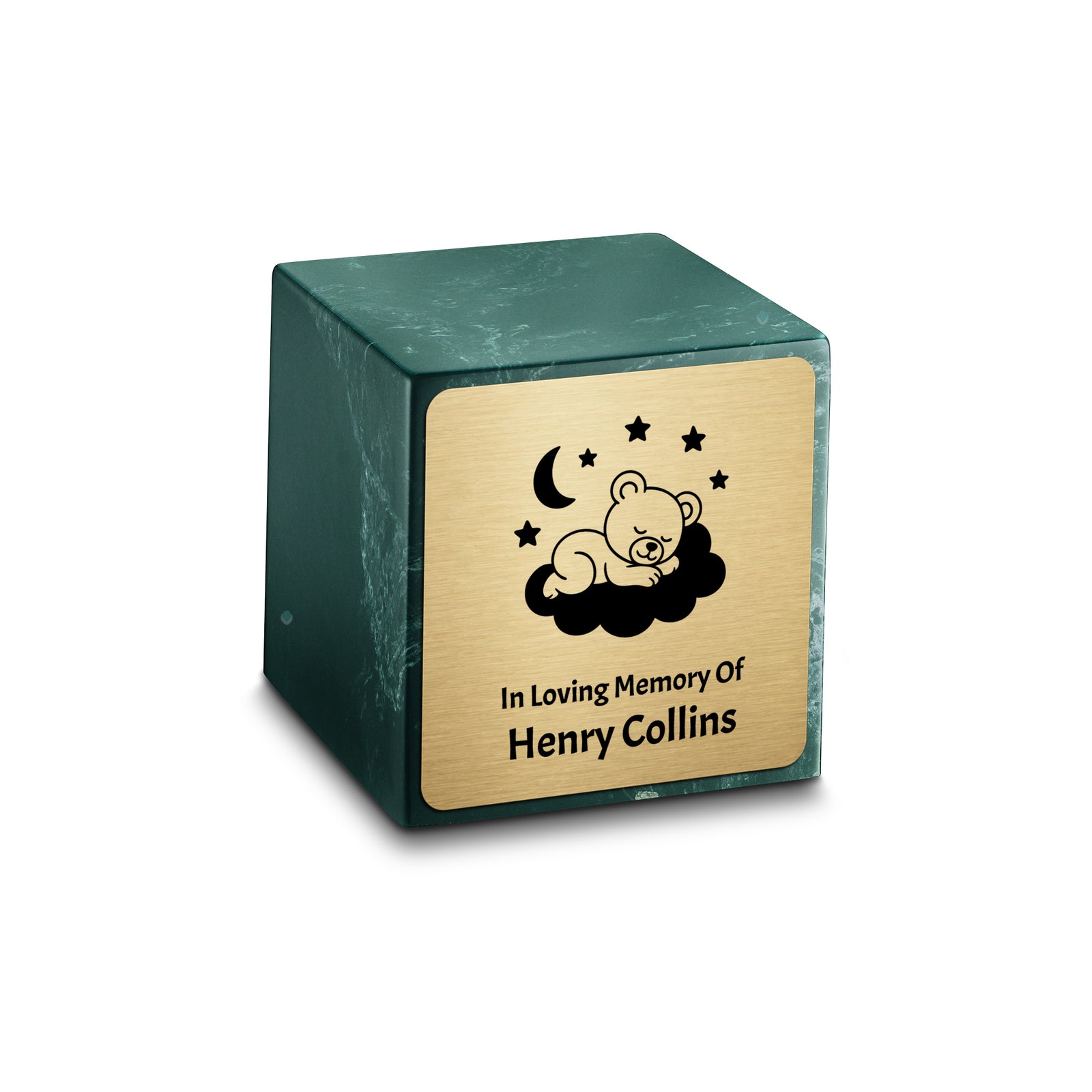 Small Cube Sleeping Teddy Evergreen Cultured Marble Child Cremation Urn by MacKenzie