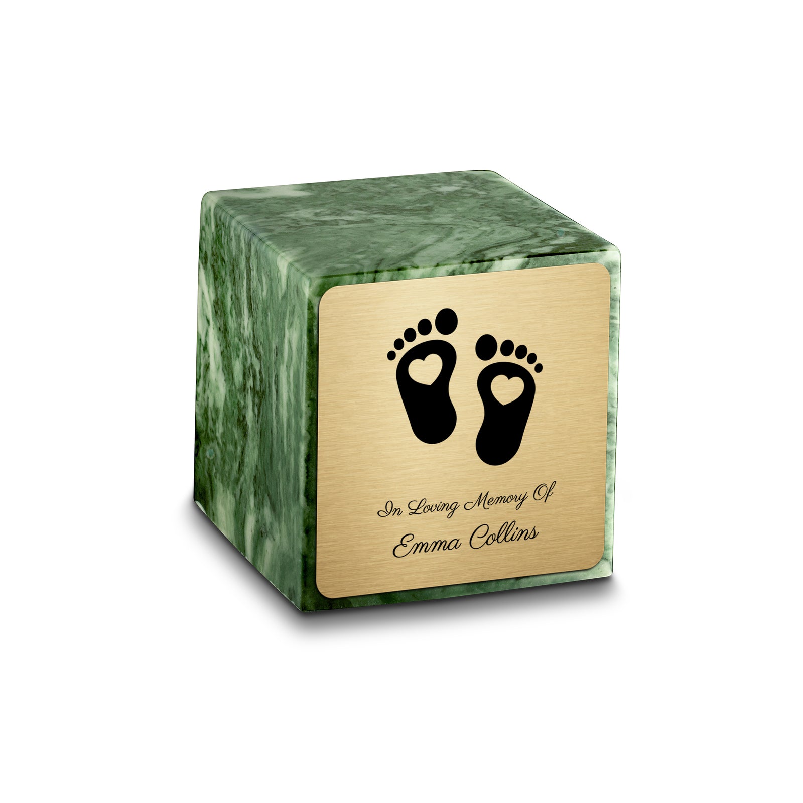Small Cube Loving Heart Feet Emerald Cultured Marble Child Cremation Urn by MacKenzie