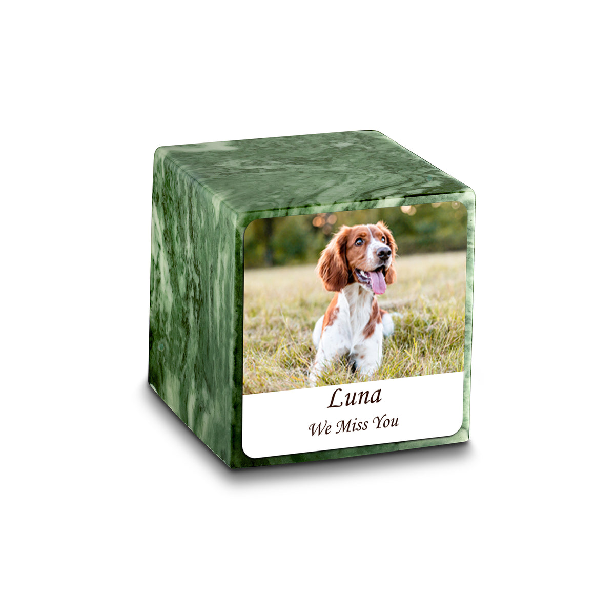 Small Cube Custom Pet Photo Emerald Cultured Marble Pet Cremation Urn by MacKenzie
