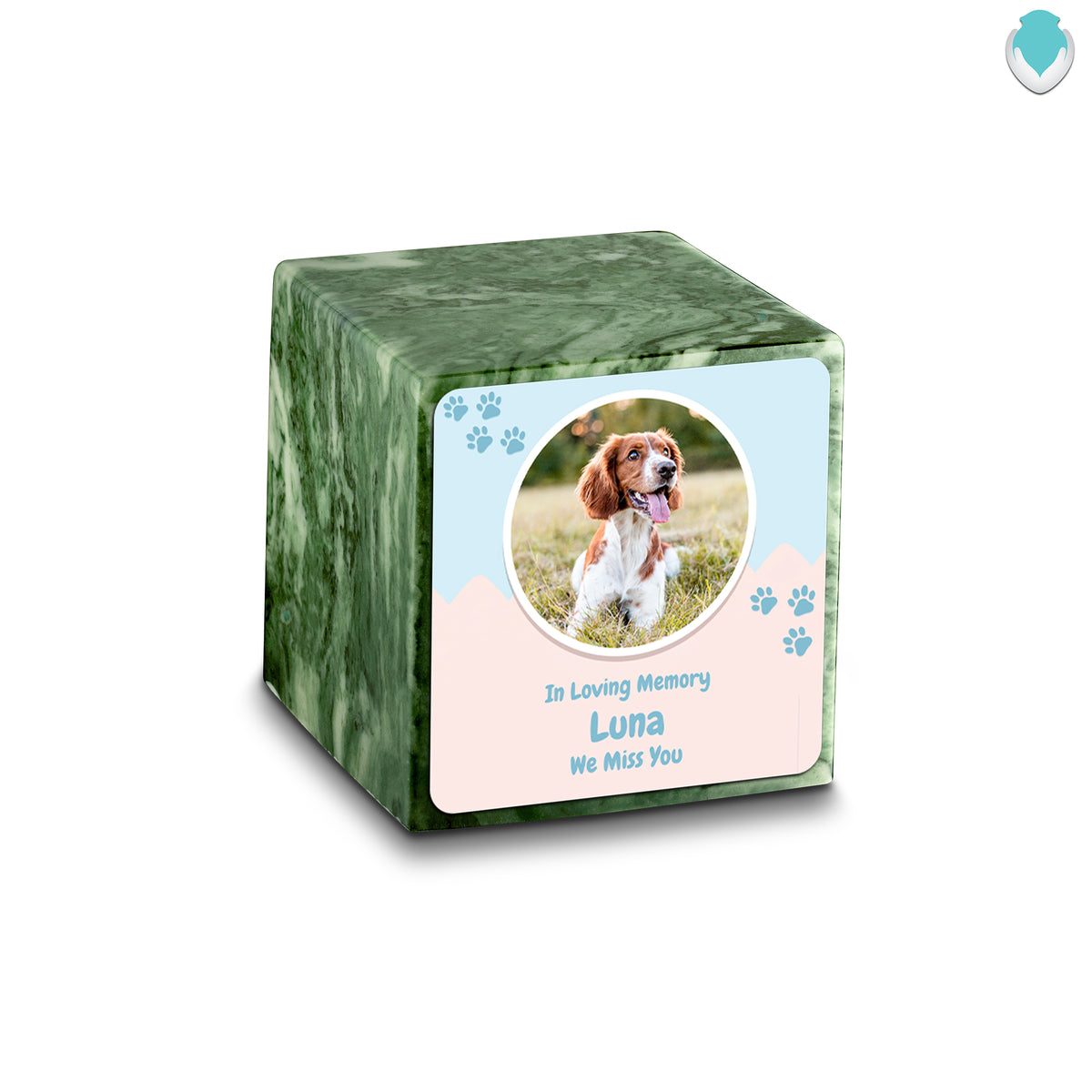 Small Cube Pet Portrait Emerald Cultured Marble Pet Cremation Urn by MacKenzie