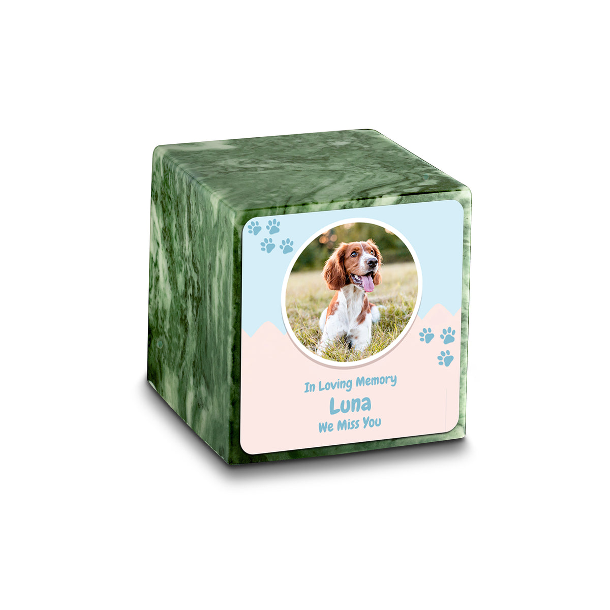 Small Cube Pet Portrait Emerald Cultured Marble Pet Cremation Urn by MacKenzie