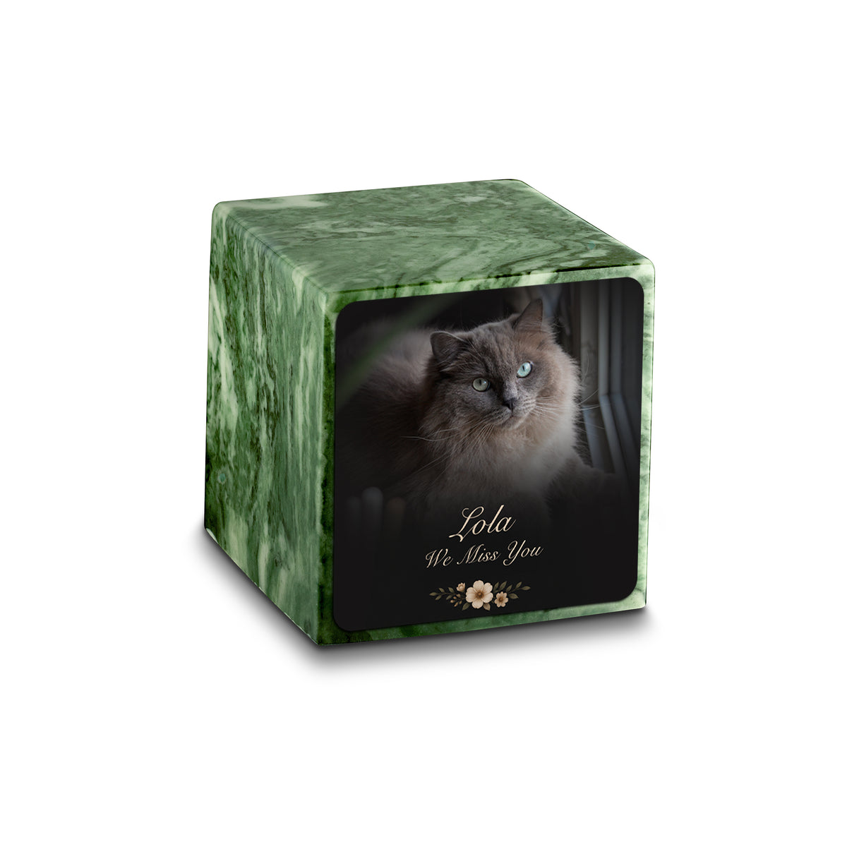 Small Cube Pet Portrait Photo Emerald Cultured Marble Pet Cremation Urn by MacKenzie