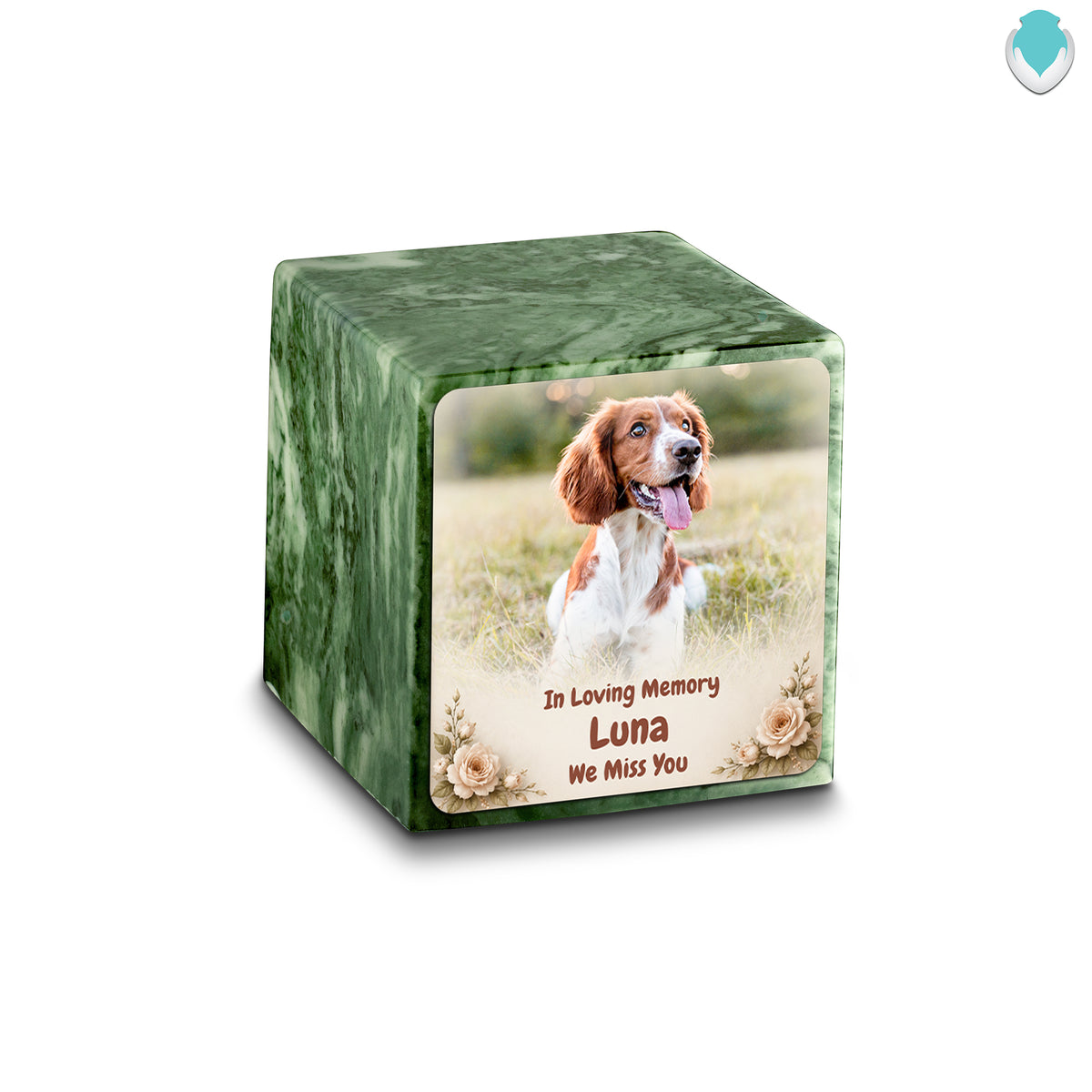 Small Cube Personalized Pet Photo Emerald Cultured Marble Pet Cremation Urn by MacKenzie