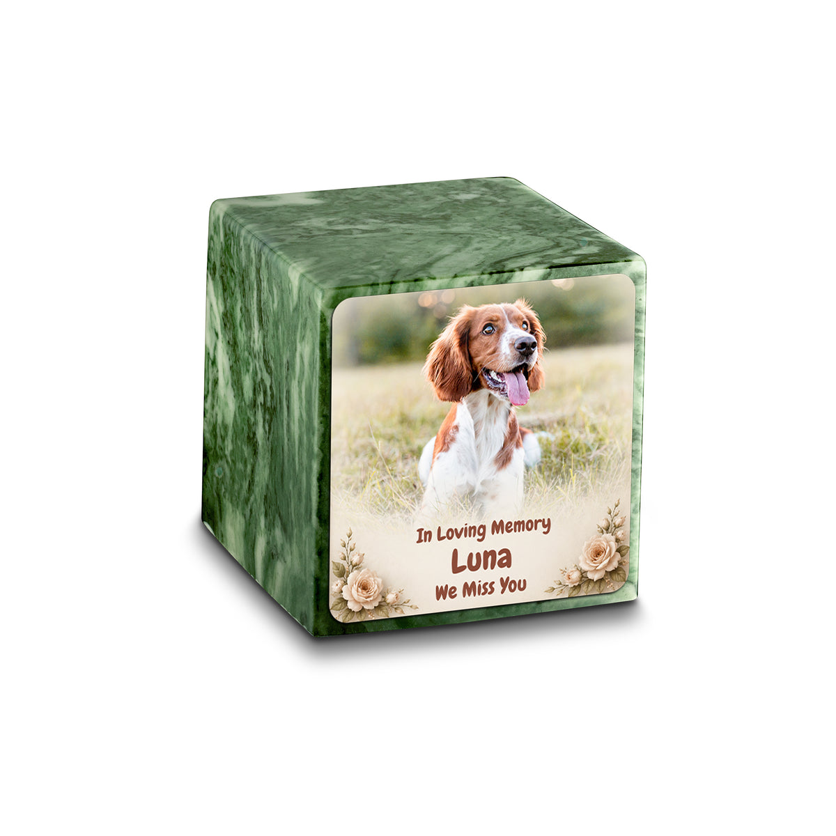 Small Cube Personalized Pet Photo Emerald Cultured Marble Pet Cremation Urn by MacKenzie
