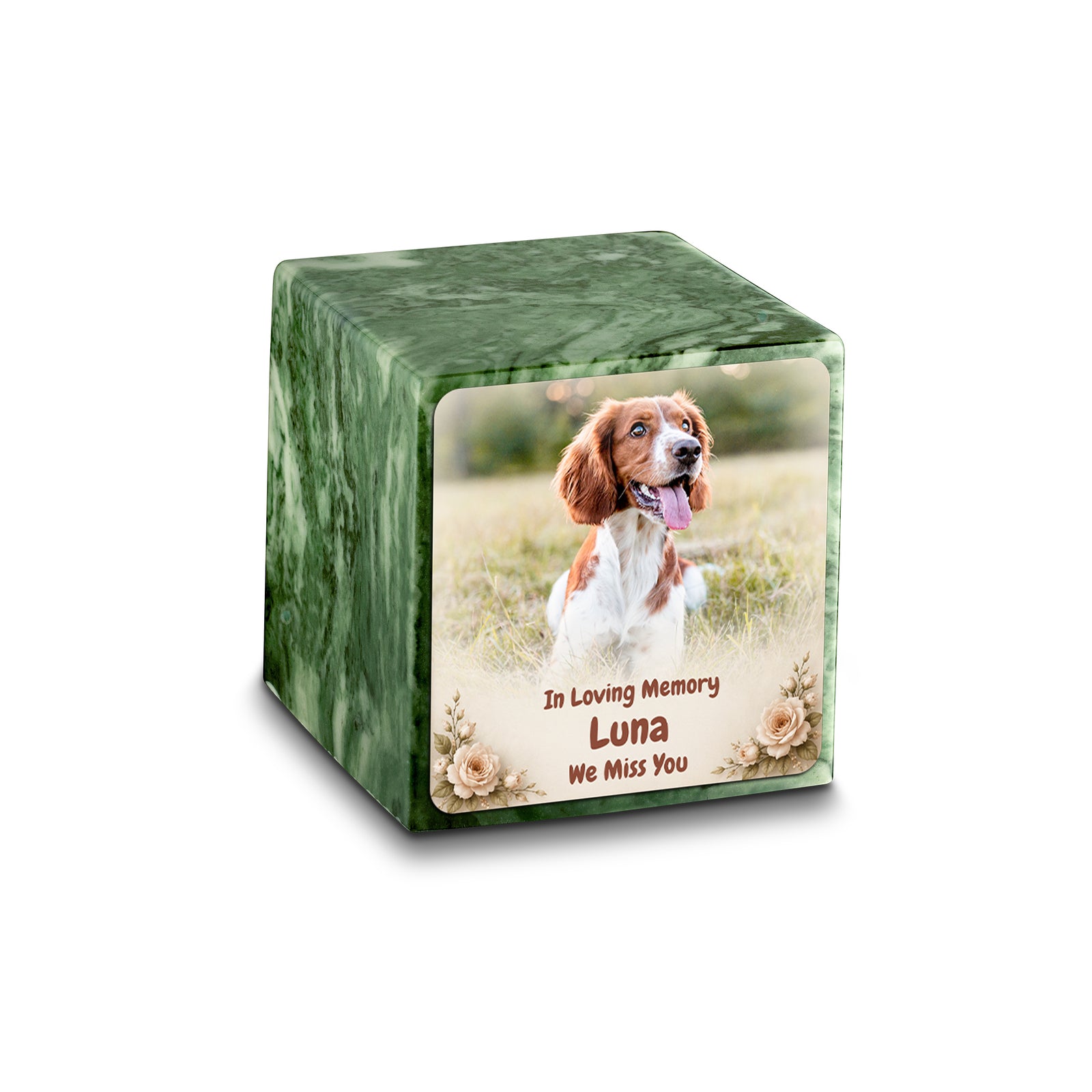 Small Cube Personalized Pet Photo Emerald Cultured Marble Pet Cremation Urn by MacKenzie
