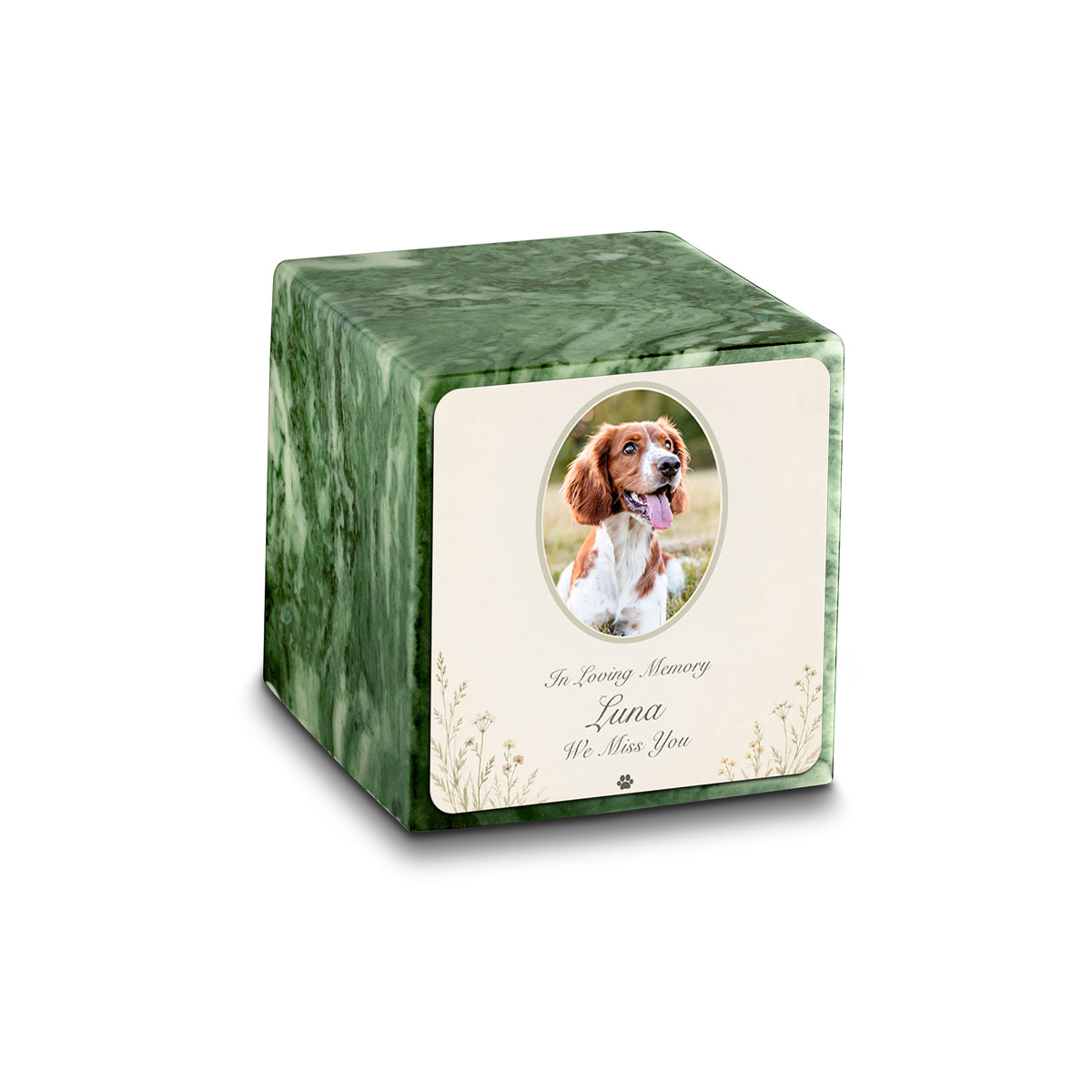 Small Cube Pet Portrait Tribute Emerald Cultured Marble Pet Cremation Urn by MacKenzie