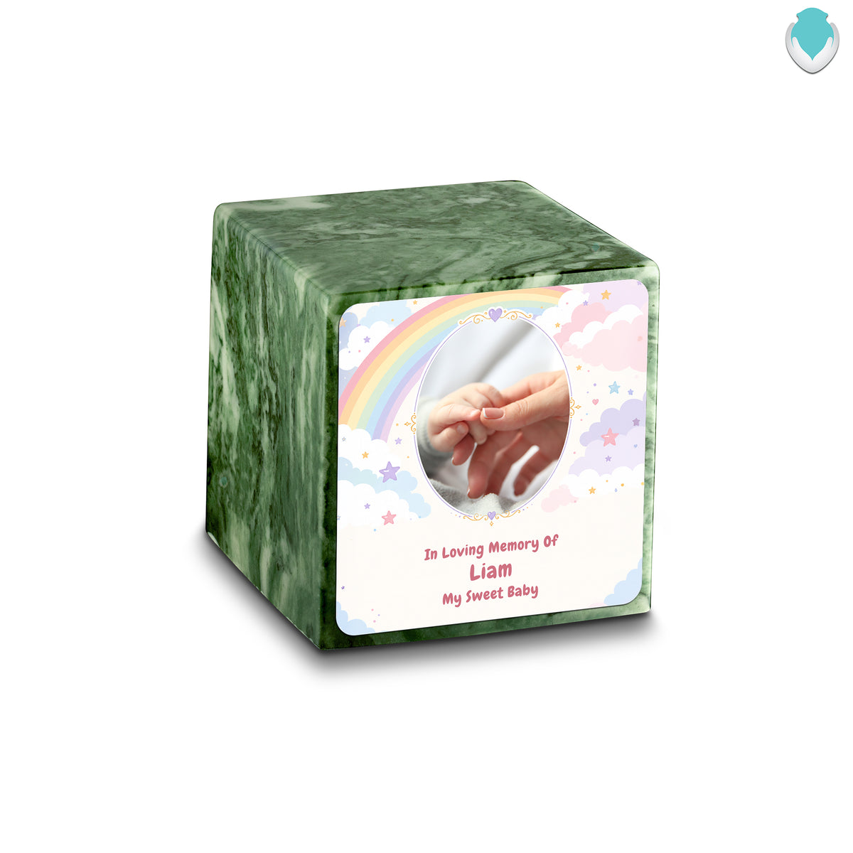 Small Cube Rainbow and Clouds Emerald Cultured Marble Child Cremation Urn by MacKenzie