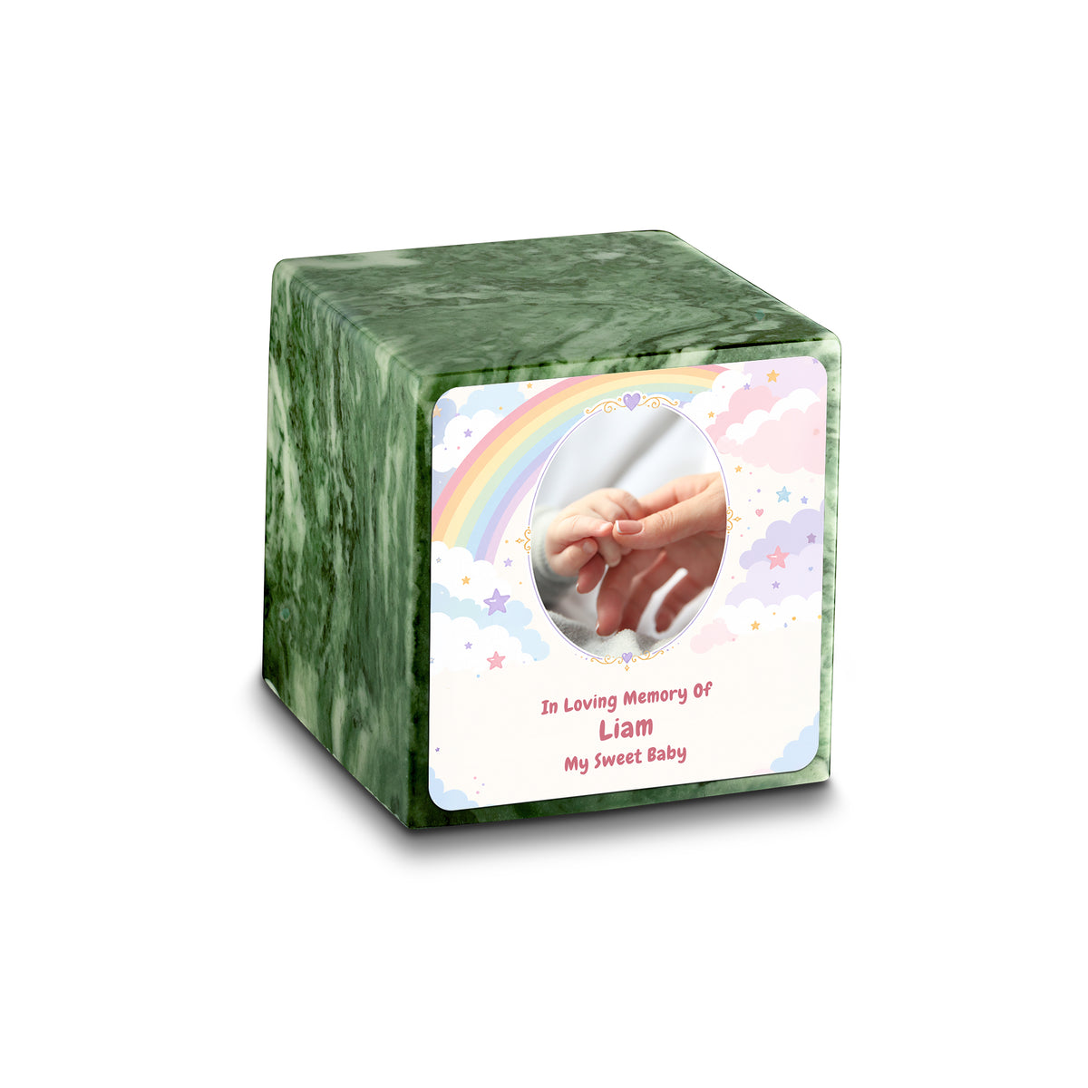 Small Cube Rainbow and Clouds Emerald Cultured Marble Child Cremation Urn by MacKenzie