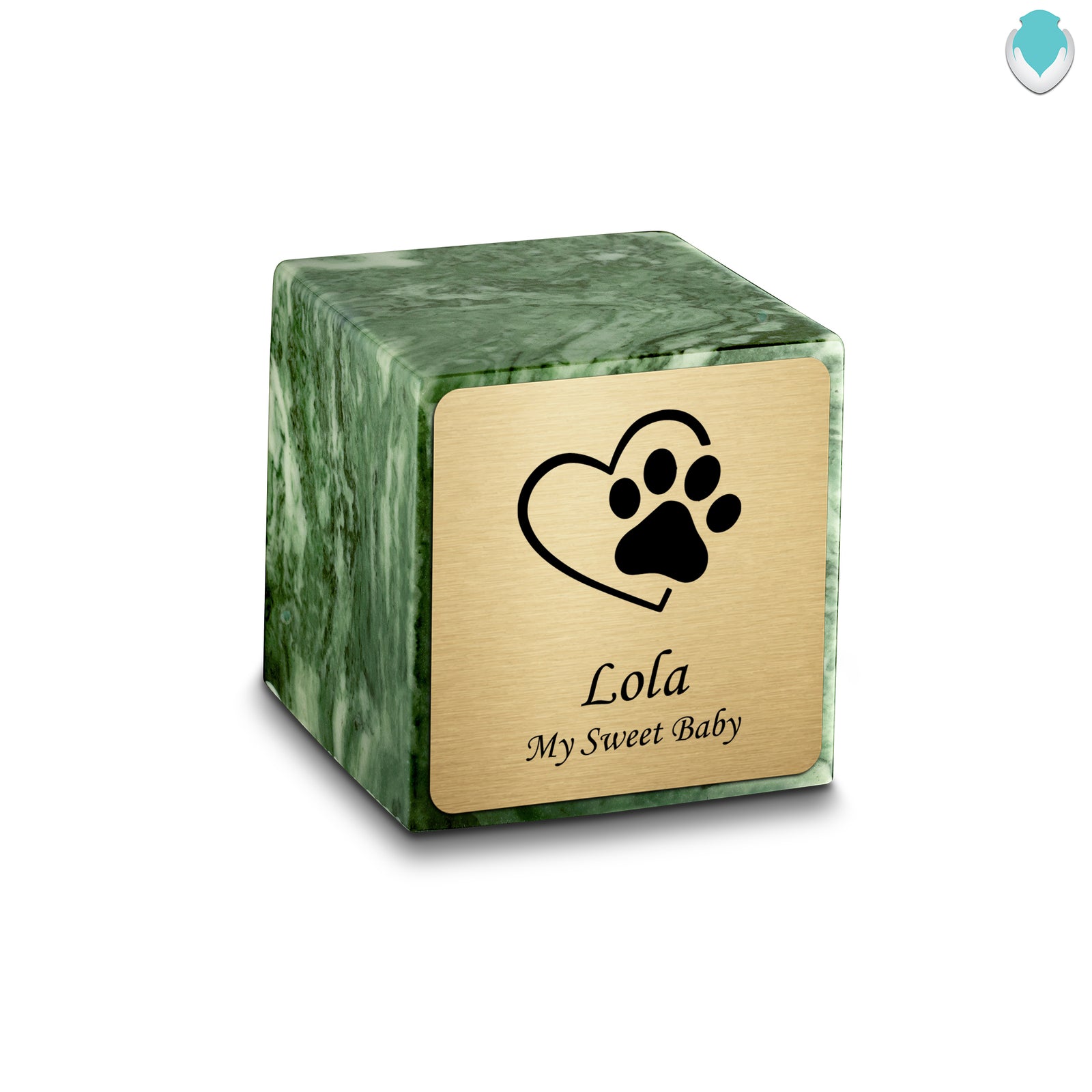 Small Cube Single Heart Paw Emerald Cultured Marble Pet Cremation Urn by MacKenzie