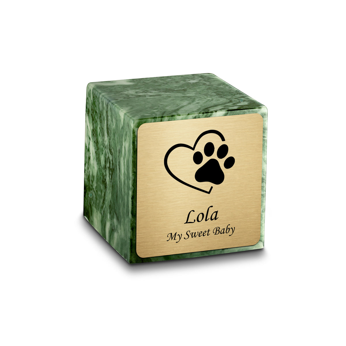 Small Cube Single Heart Paw Emerald Cultured Marble Pet Cremation Urn by MacKenzie