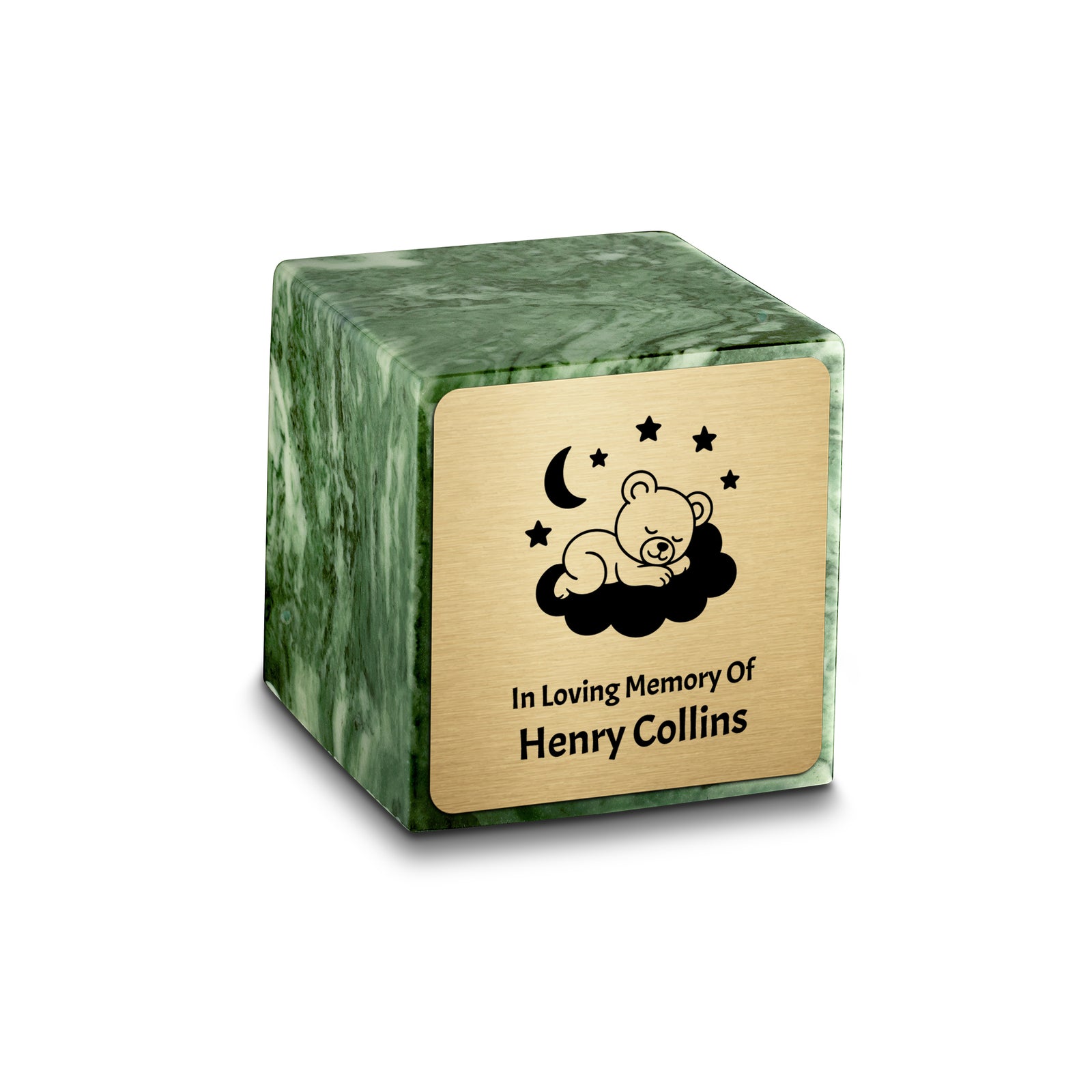Small Cube Sleeping Teddy Emerald Cultured Marble Child Cremation Urn by MacKenzie