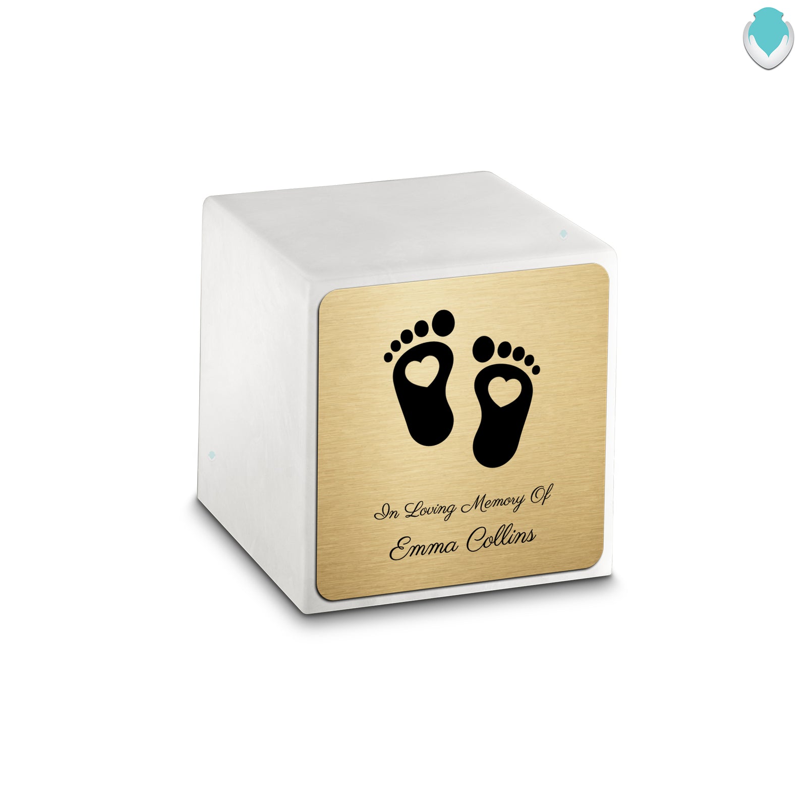 Small Cube Loving Heart Feet Glacier White Cultured Marble Child Cremation Urn by MacKenzie