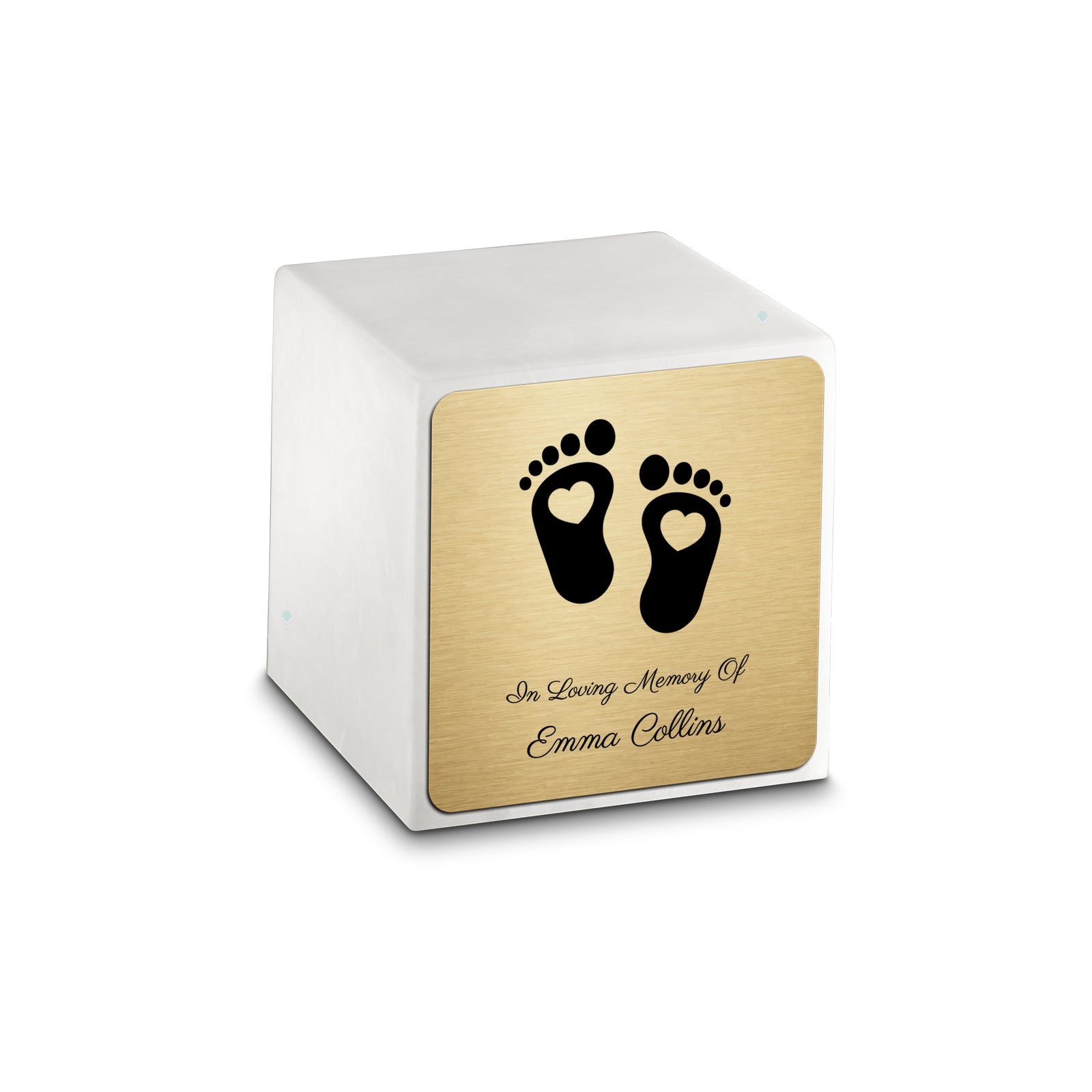 Small Cube Loving Heart Feet Glacier White Cultured Marble Child Cremation Urn by MacKenzie