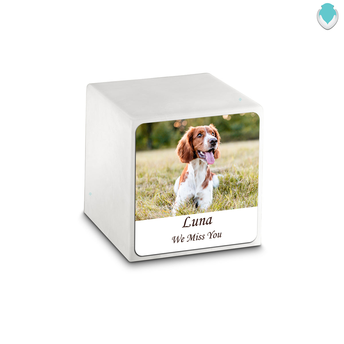 Small Cube Custom Pet Photo Glacier White Cultured Marble Pet Cremation Urn by MacKenzie