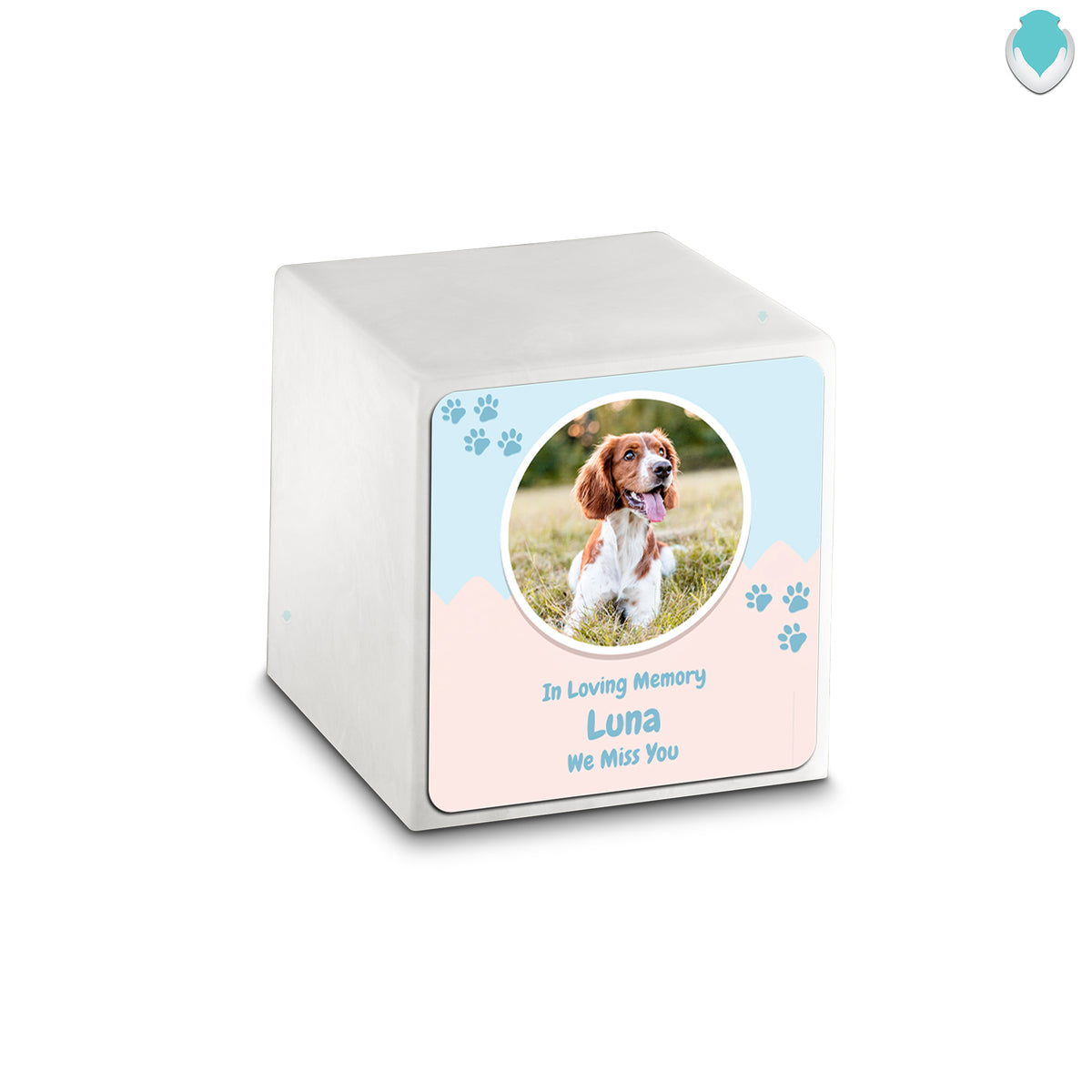 Small Cube Pet Portrait Glacier White Cultured Marble Pet Cremation Urn by MacKenzie