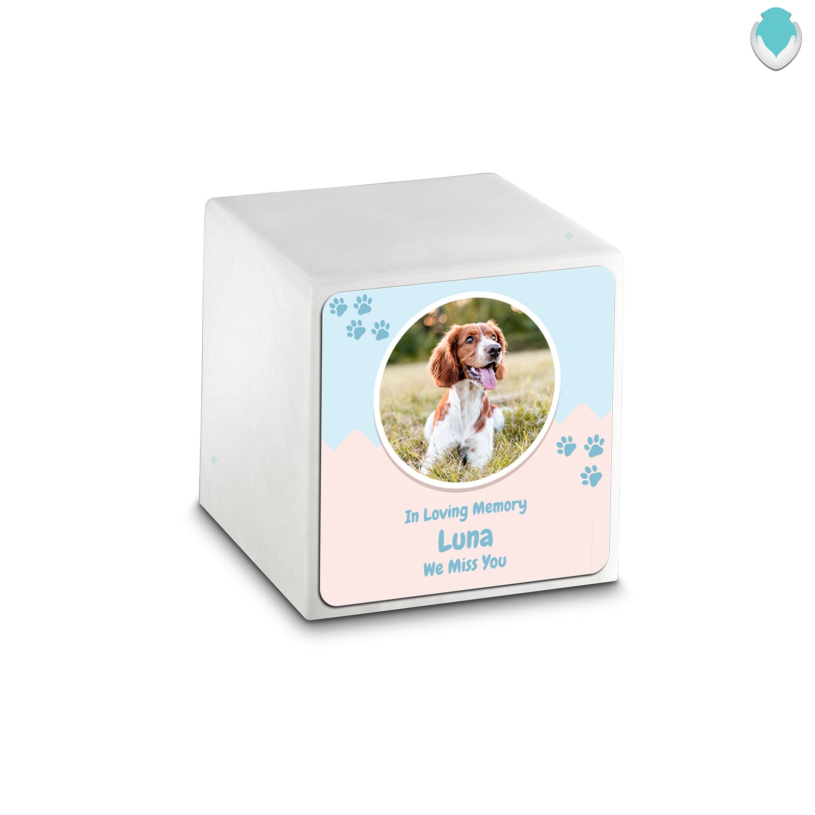 Small Cube Pet Portrait Glacier White Cultured Marble Pet Cremation Urn by MacKenzie