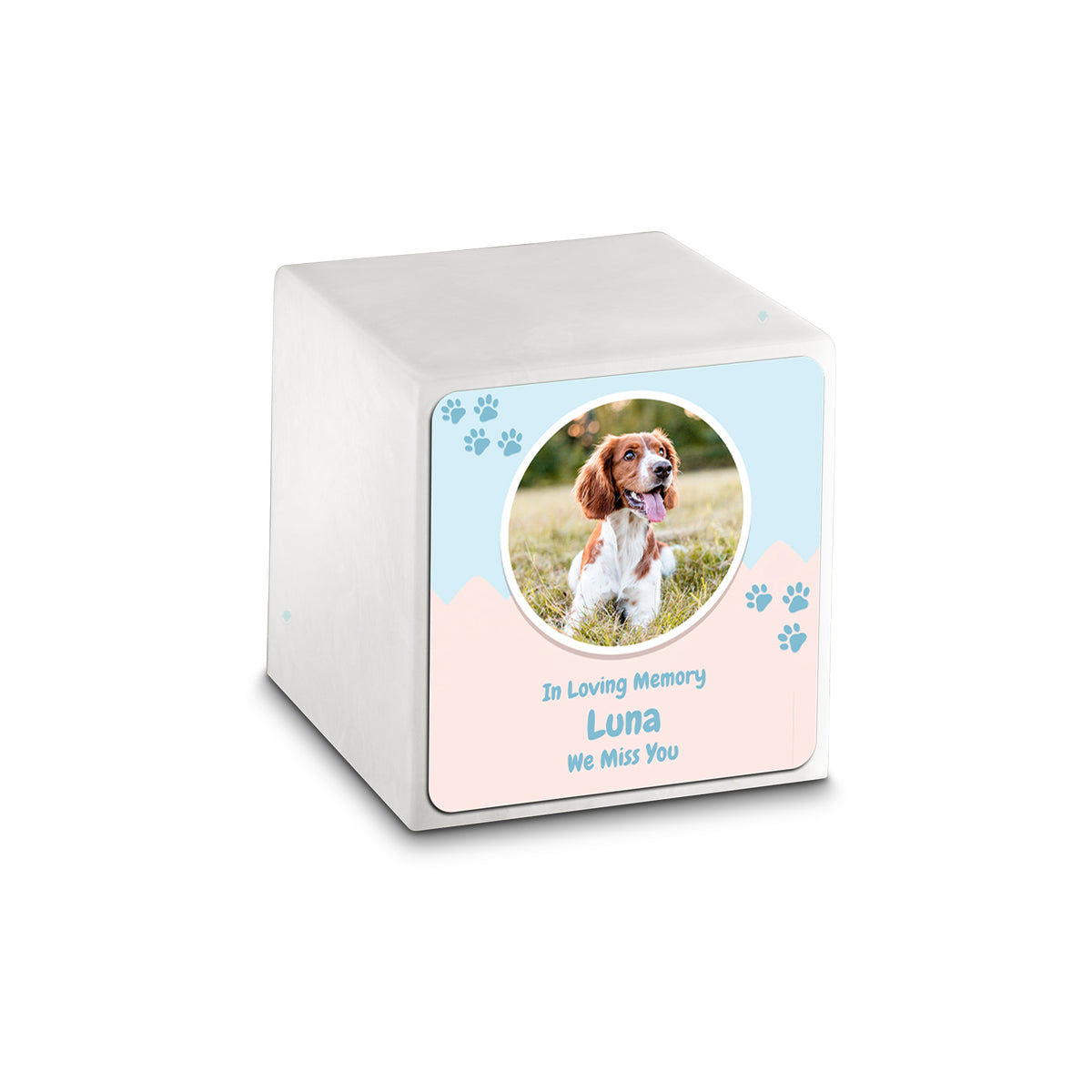 Small Cube Pet Portrait Glacier White Cultured Marble Pet Cremation Urn by MacKenzie
