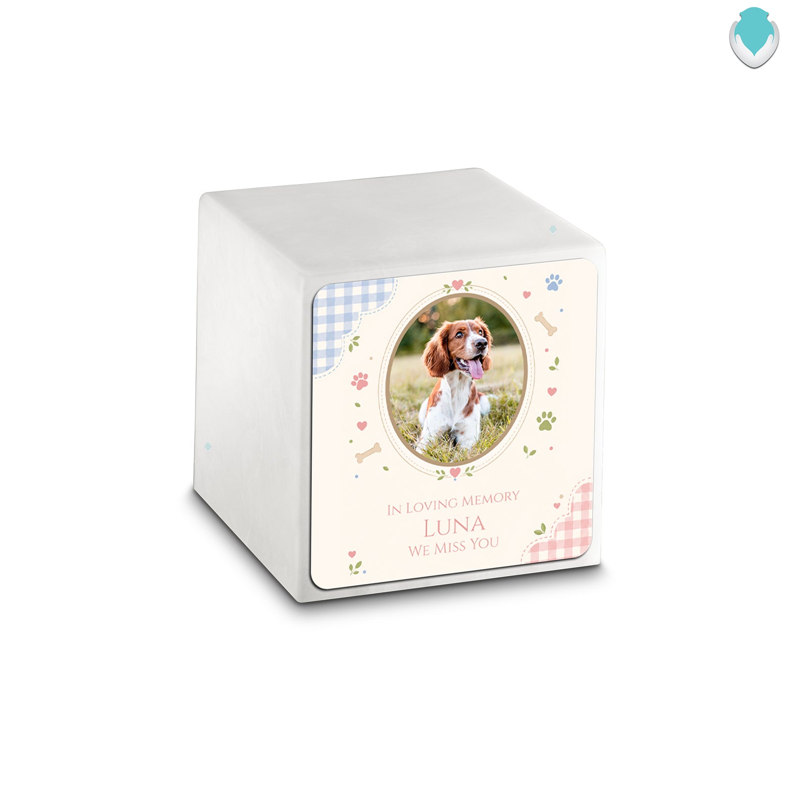 Small Cube Custom Pet Memorial Glacier White Cultured Marble Pet Cremation Urn by MacKenzie