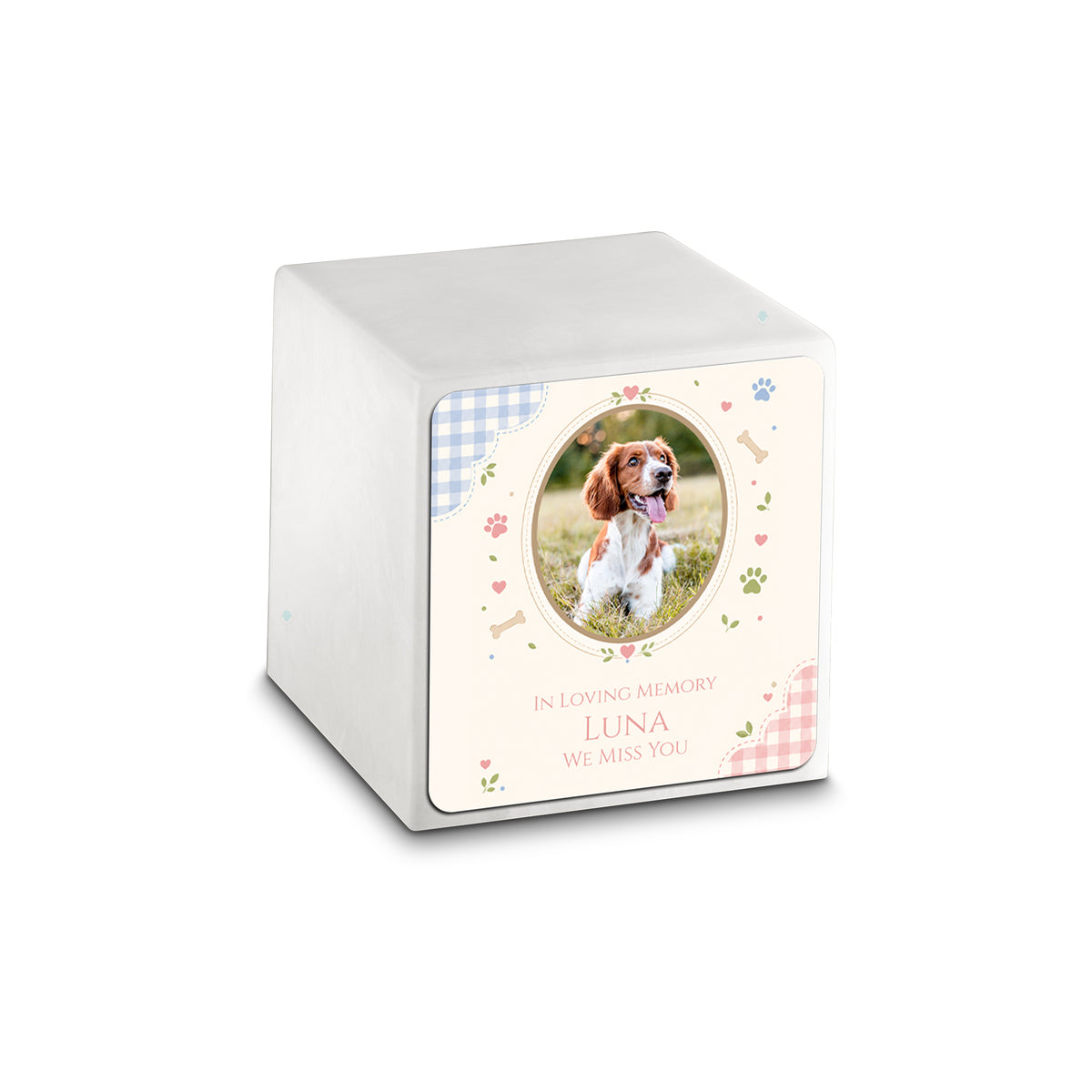 Small Cube Custom Pet Memorial Glacier White Cultured Marble Pet Cremation Urn by MacKenzie