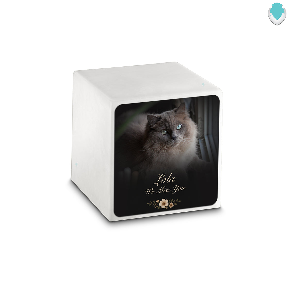 Small Cube Pet Portrait Photo Glacier White Cultured Marble Pet Cremation Urn by MacKenzie