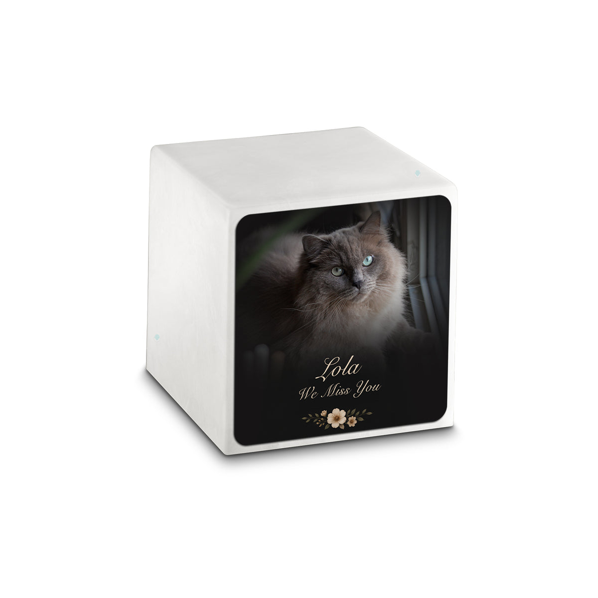 Small Cube Pet Portrait Photo Glacier White Cultured Marble Pet Cremation Urn by MacKenzie