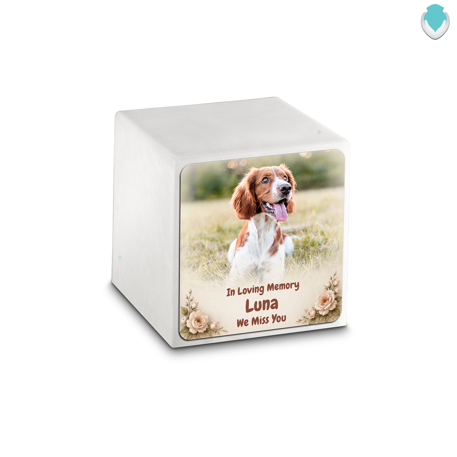 Small Cube Personalized Pet Photo Glacier White Cultured Marble Pet Cremation Urn by MacKenzie