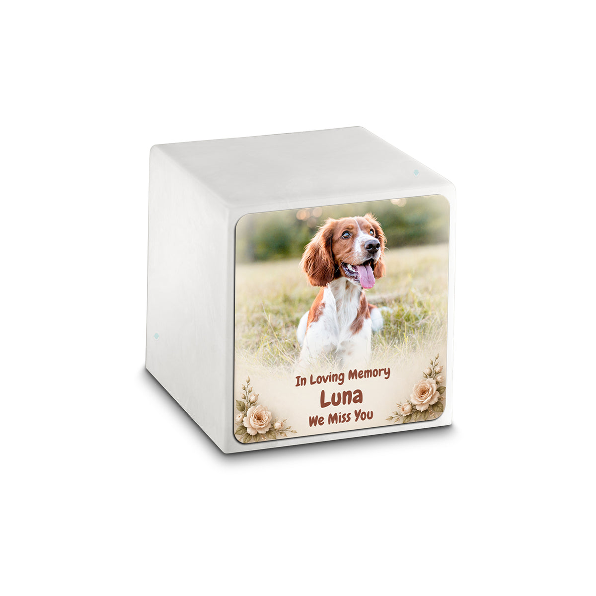 Small Cube Personalized Pet Photo Glacier White Cultured Marble Pet Cremation Urn by MacKenzie