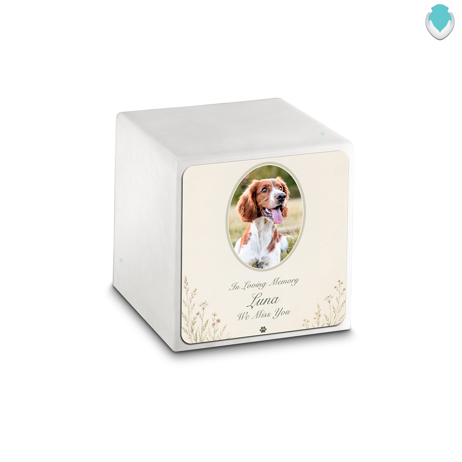Small Cube Pet Portrait Tribute Glacier White Cultured Marble Pet Cremation Urn by MacKenzie