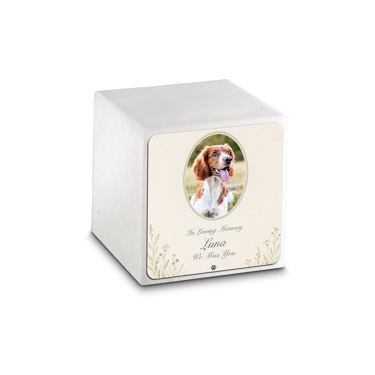 Small Cube Pet Portrait Tribute Glacier White Cultured Marble Pet Cremation Urn by MacKenzie