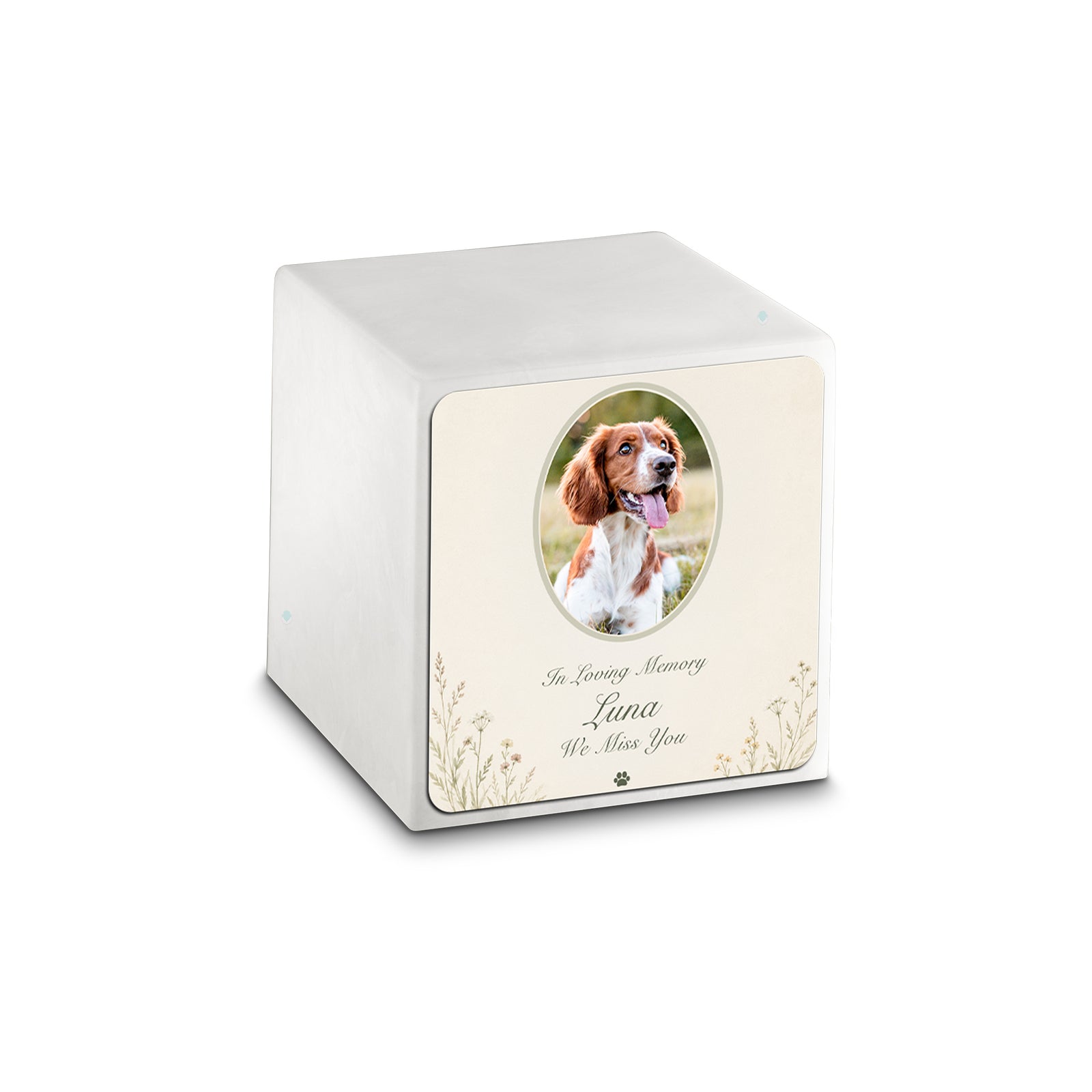 Small Cube Pet Portrait Tribute Glacier White Cultured Marble Pet Cremation Urn by MacKenzie