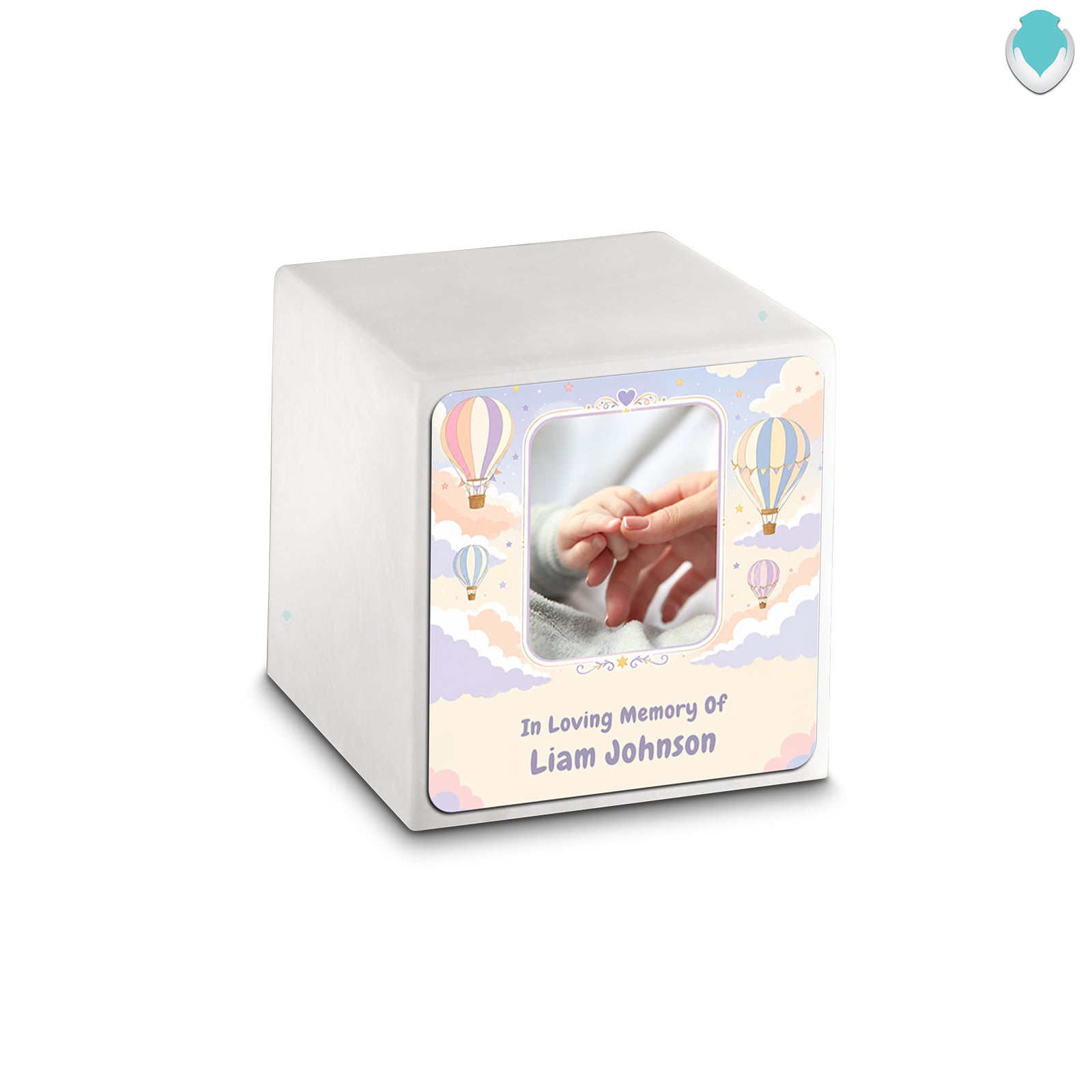 Small Cube Hot Air Balloons Glacier White Cultured Marble Child Cremation Urn by MacKenzie