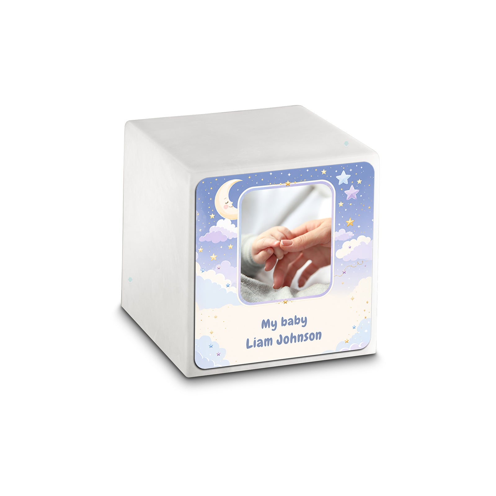 Small Cube Moon and Stars Glacier White Cultured Marble Child Cremation Urn by MacKenzie