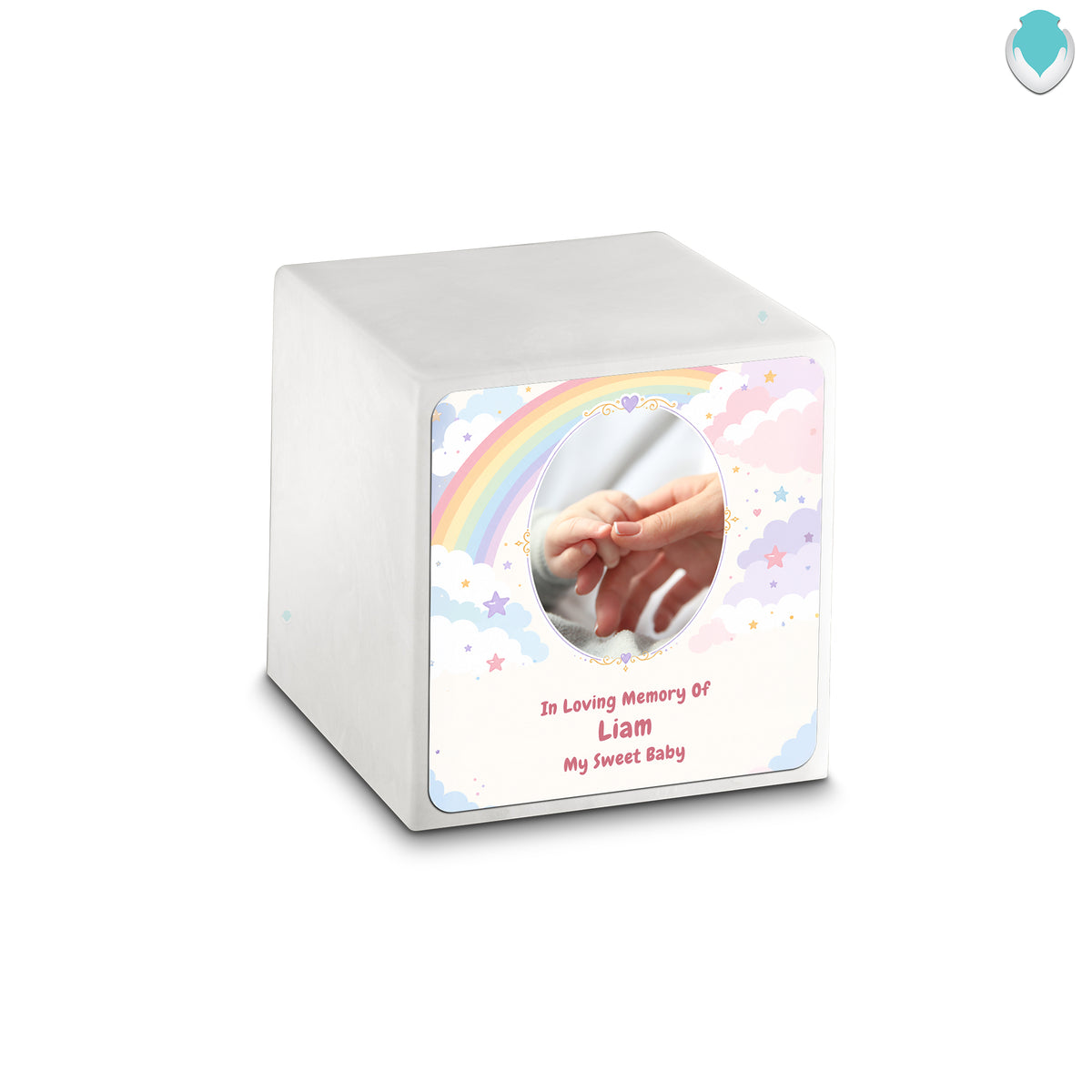 Small Cube Rainbow and Clouds Glacier White Cultured Marble Child Cremation Urn by MacKenzie