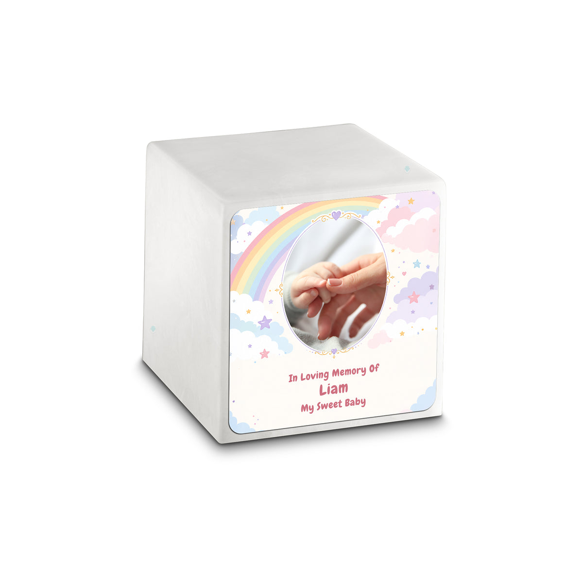 Small Cube Rainbow and Clouds Glacier White Cultured Marble Child Cremation Urn by MacKenzie