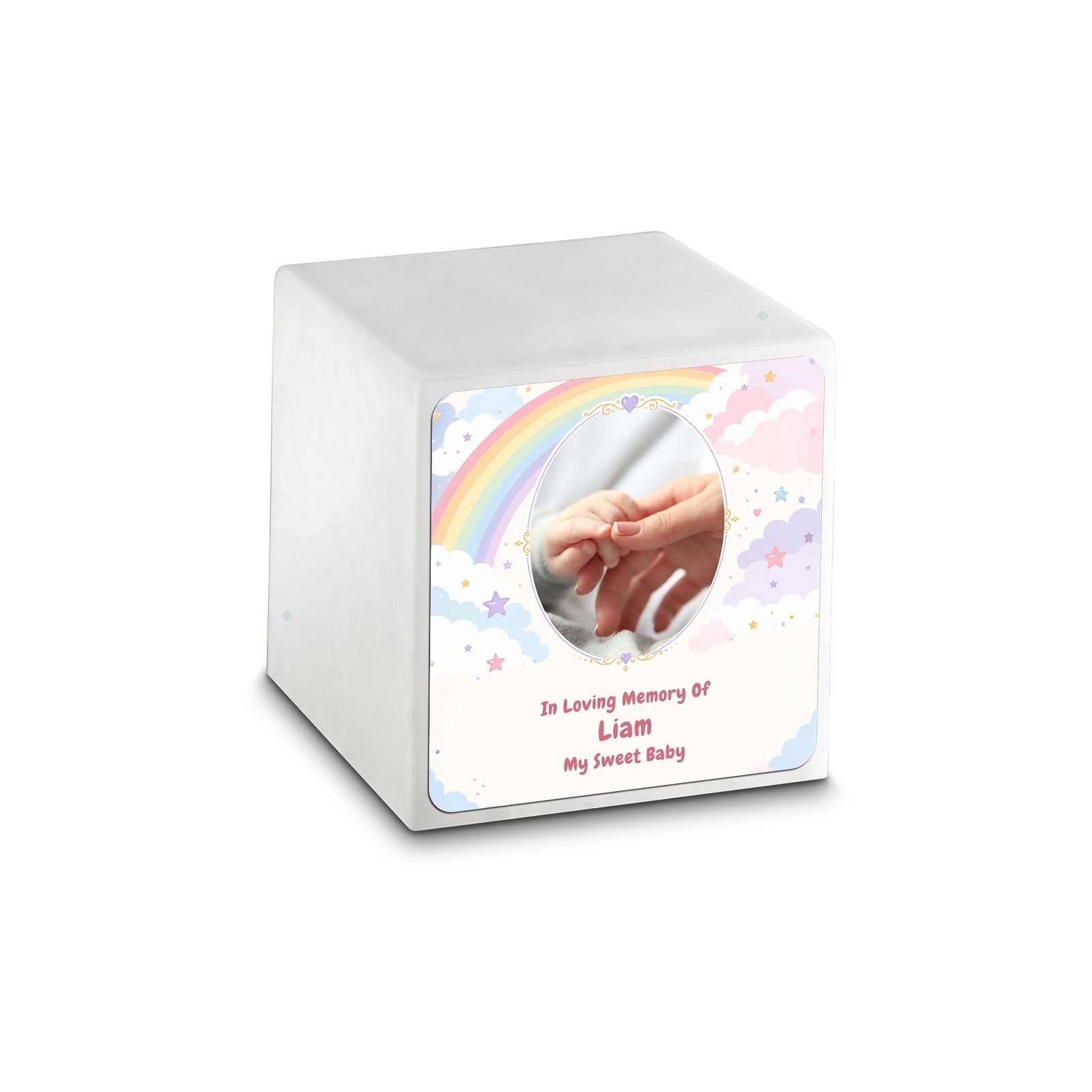 Small Cube Rainbow and Clouds Glacier White Cultured Marble Child Cremation Urn by MacKenzie