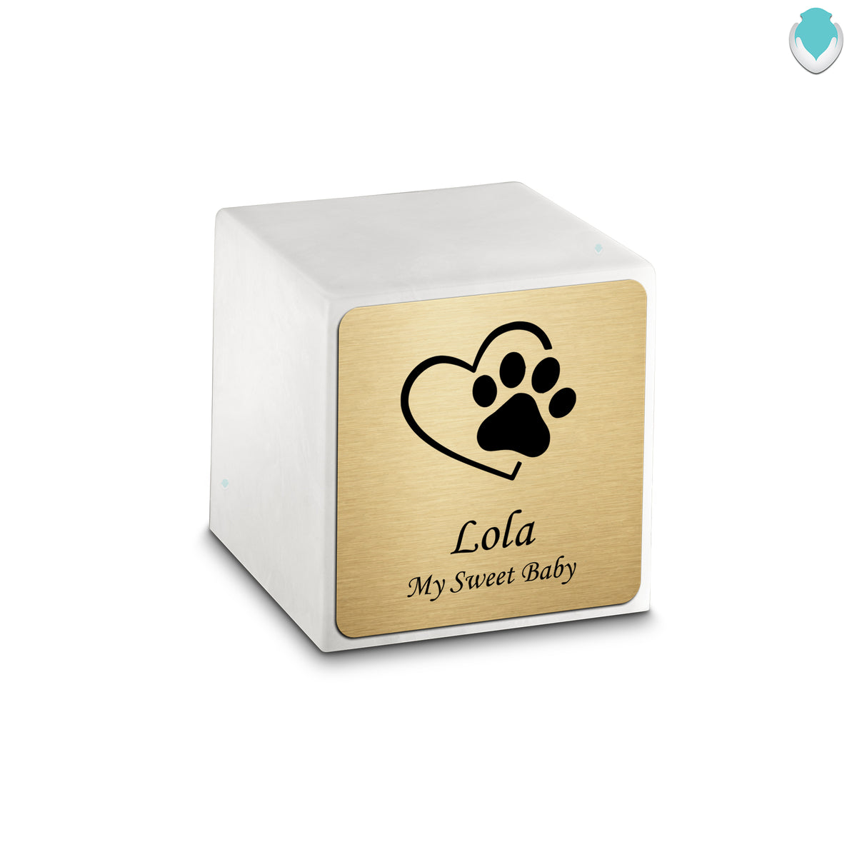 Small Cube Single Heart Paw Glacier White Cultured Marble Pet Cremation Urn by MacKenzie