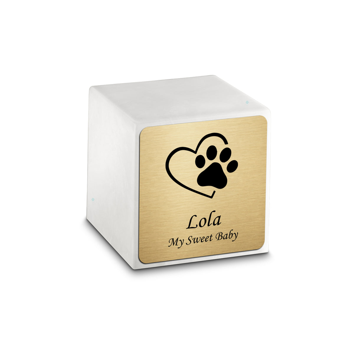 Small Cube Single Heart Paw Glacier White Cultured Marble Pet Cremation Urn by MacKenzie