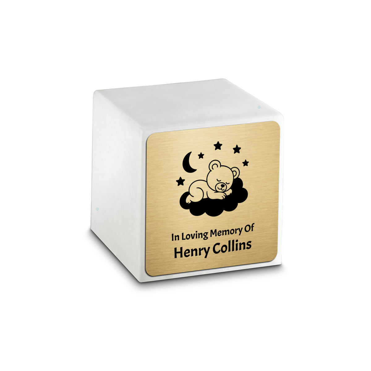 Small Cube Sleeping Teddy Glacier White Cultured Marble Child Cremation Urn by MacKenzie