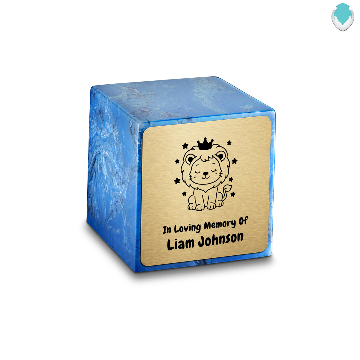 Small Cube Baby Lion Mystic Blue Cultured Marble Child Cremation Urn by MacKenzie