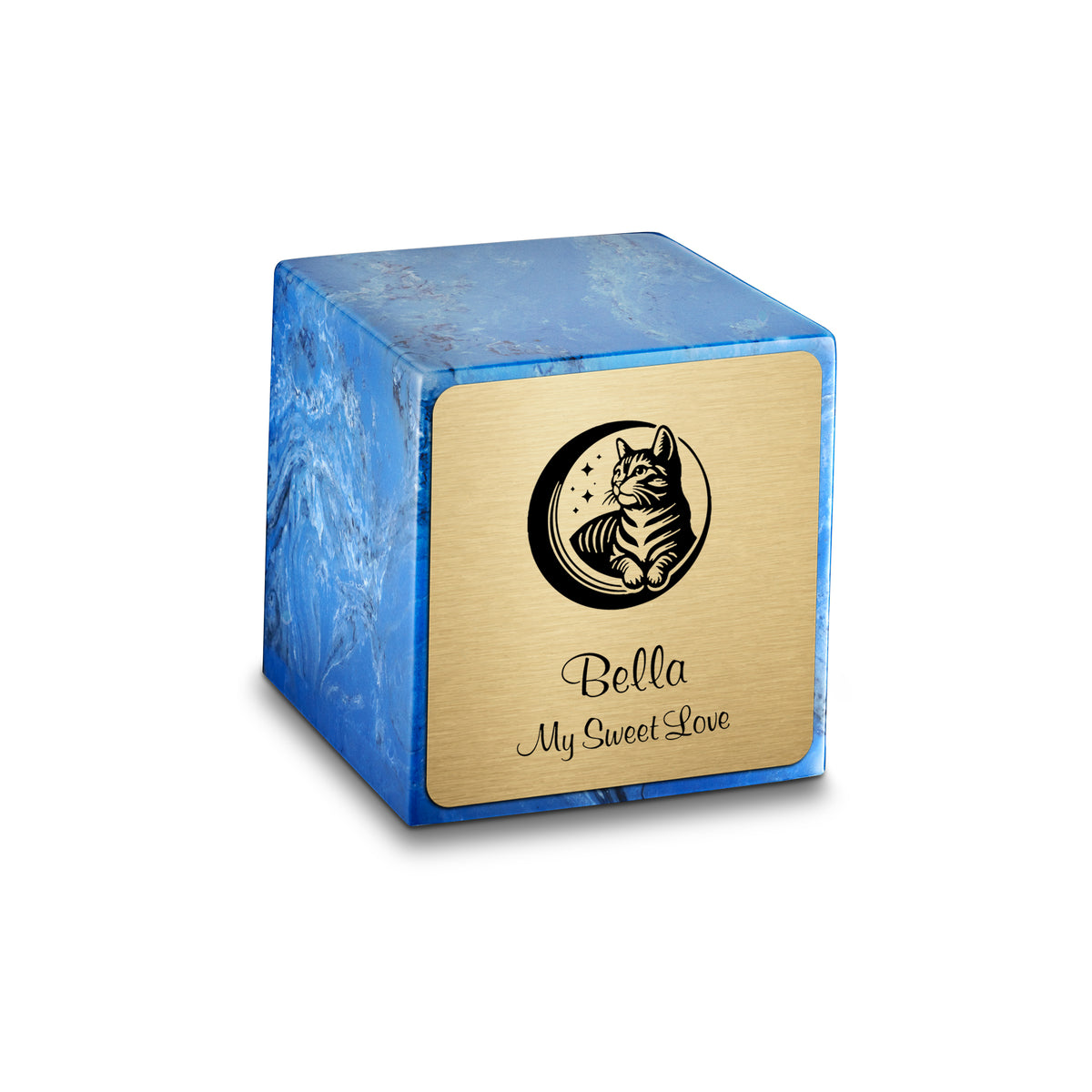 Small Cube Cat Mystic Blue Cultured Marble Pet Cremation Urn by MacKenzie