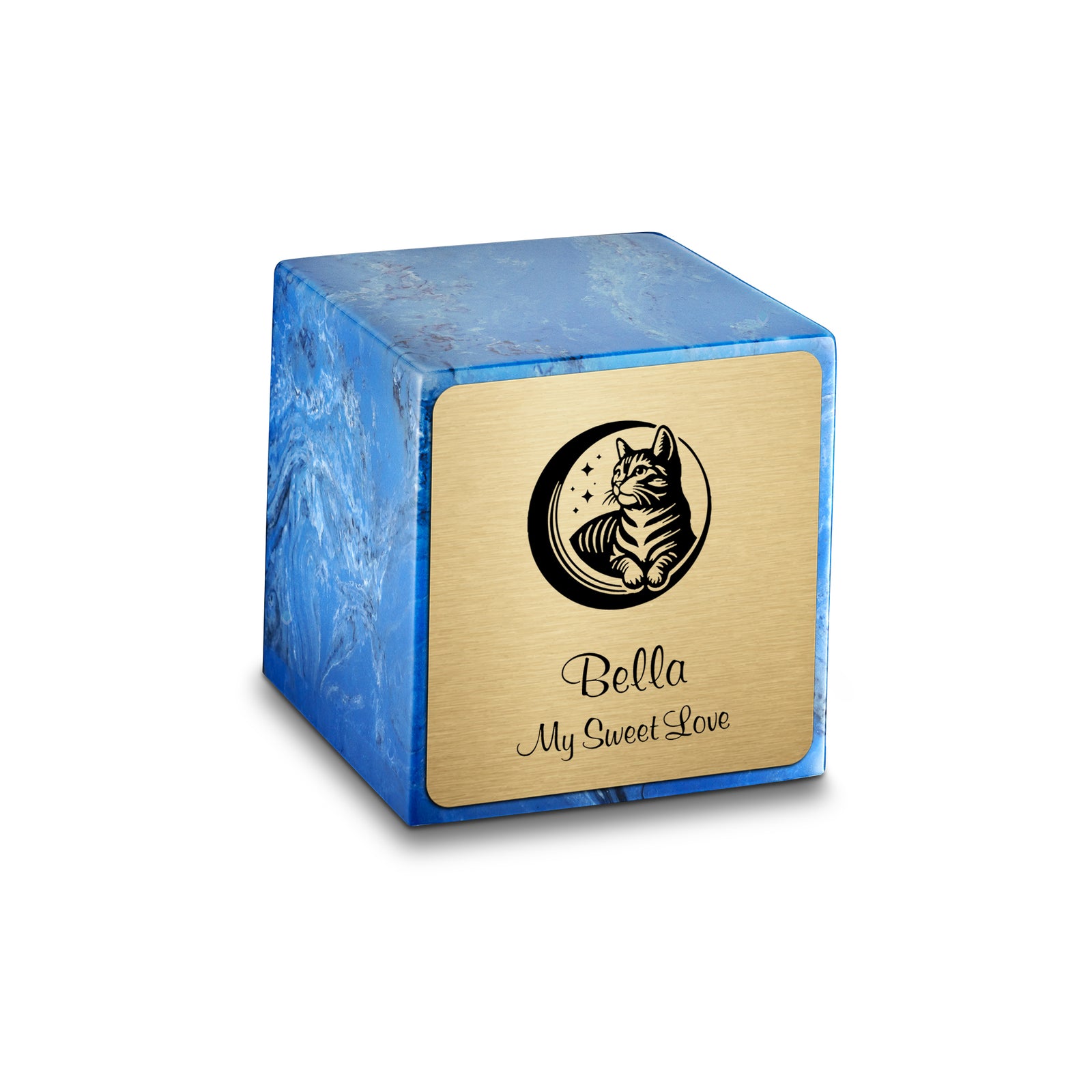 Small Cube Cat Mystic Blue Cultured Marble Pet Cremation Urn by MacKenzie