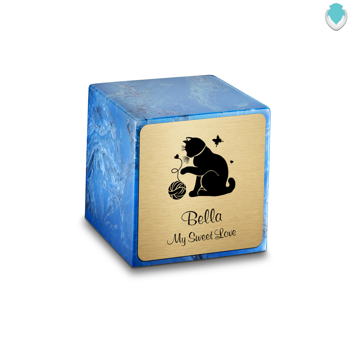 Small Cube Fun Cat Mystic Blue Cultured Marble Pet Cremation Urn by MacKenzie