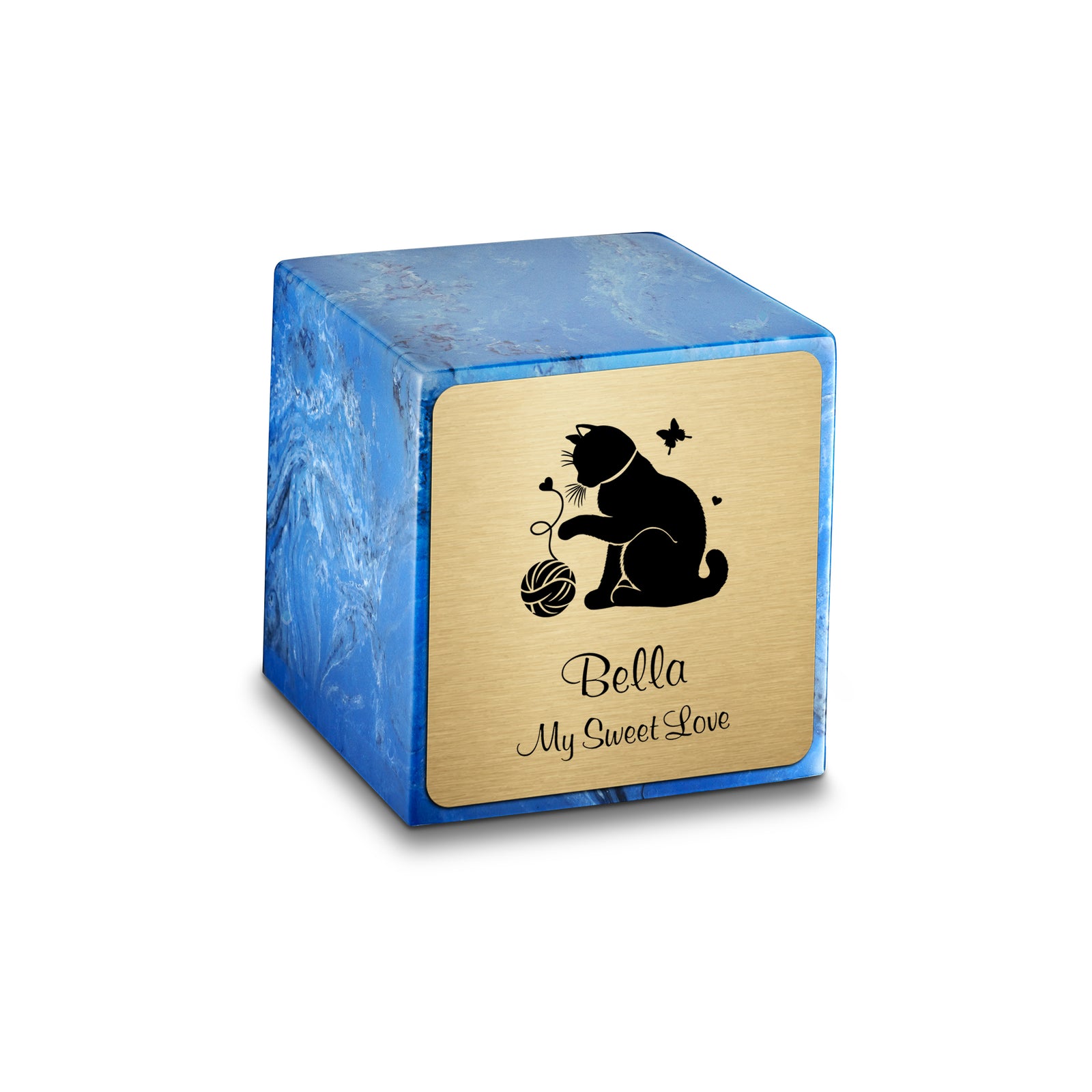 Small Cube Fun Cat Mystic Blue Cultured Marble Pet Cremation Urn by MacKenzie