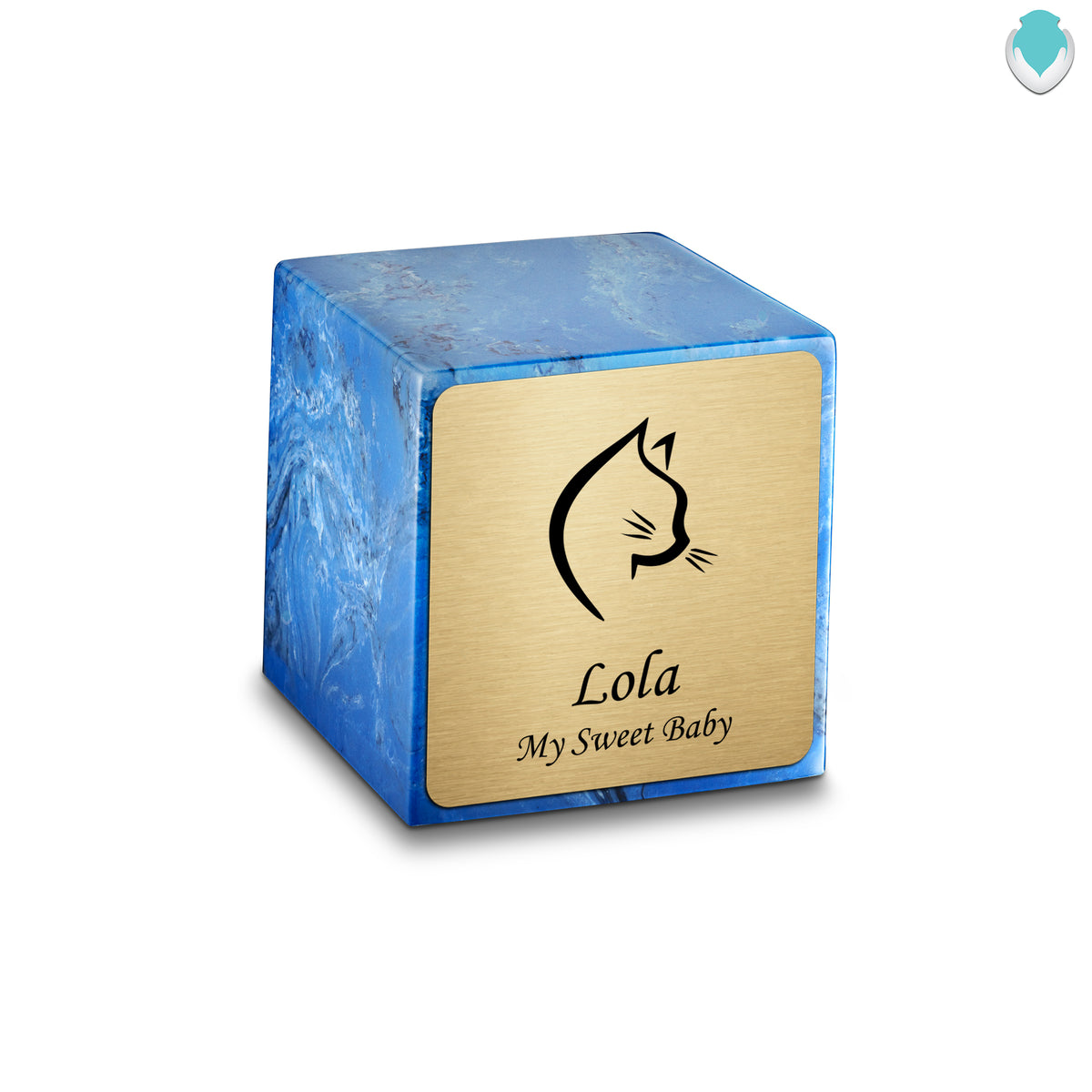 Small Cube Cat Head Mystic Blue Cultured Marble Pet Cremation Urn by MacKenzie