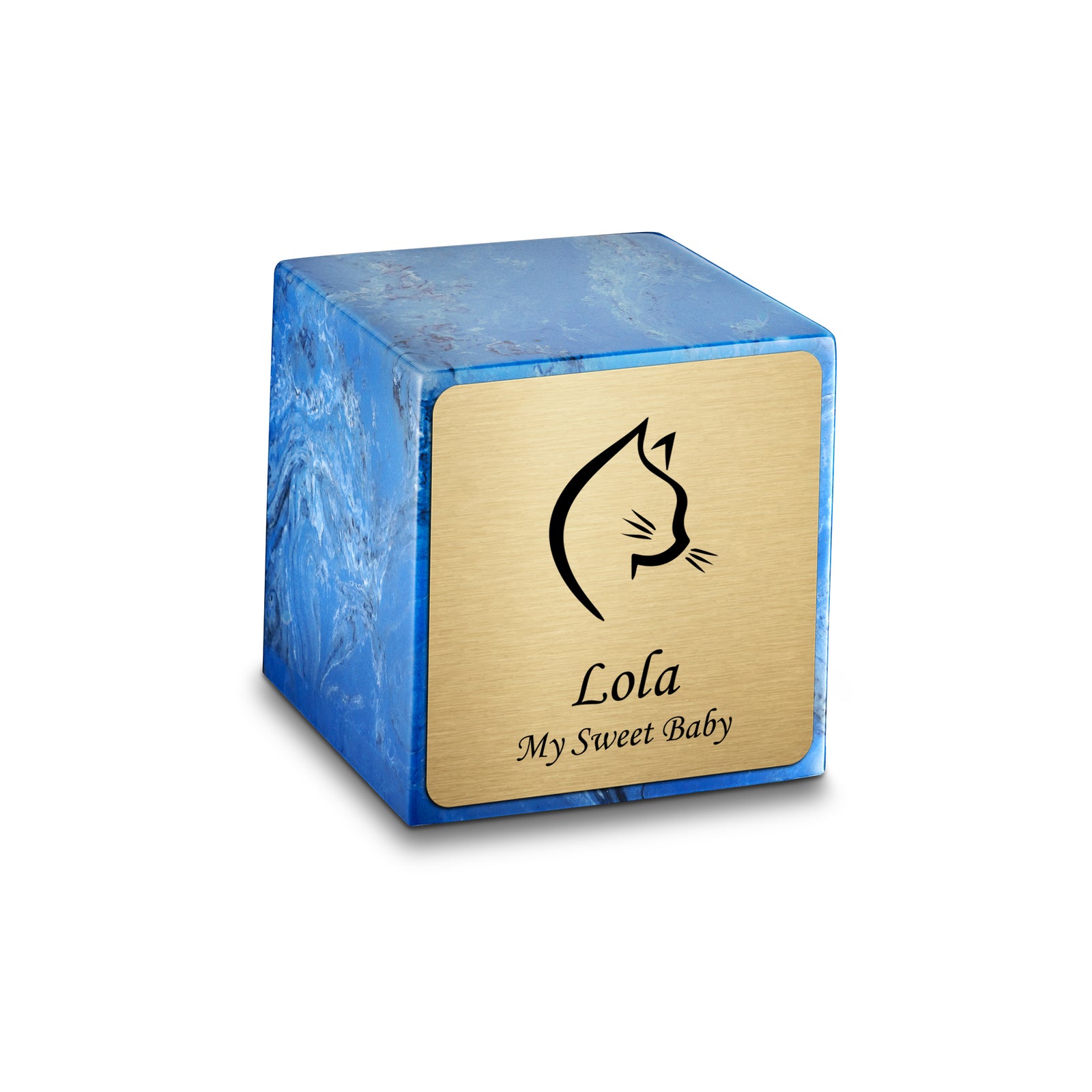 Small Cube Cat Head Mystic Blue Cultured Marble Pet Cremation Urn by MacKenzie