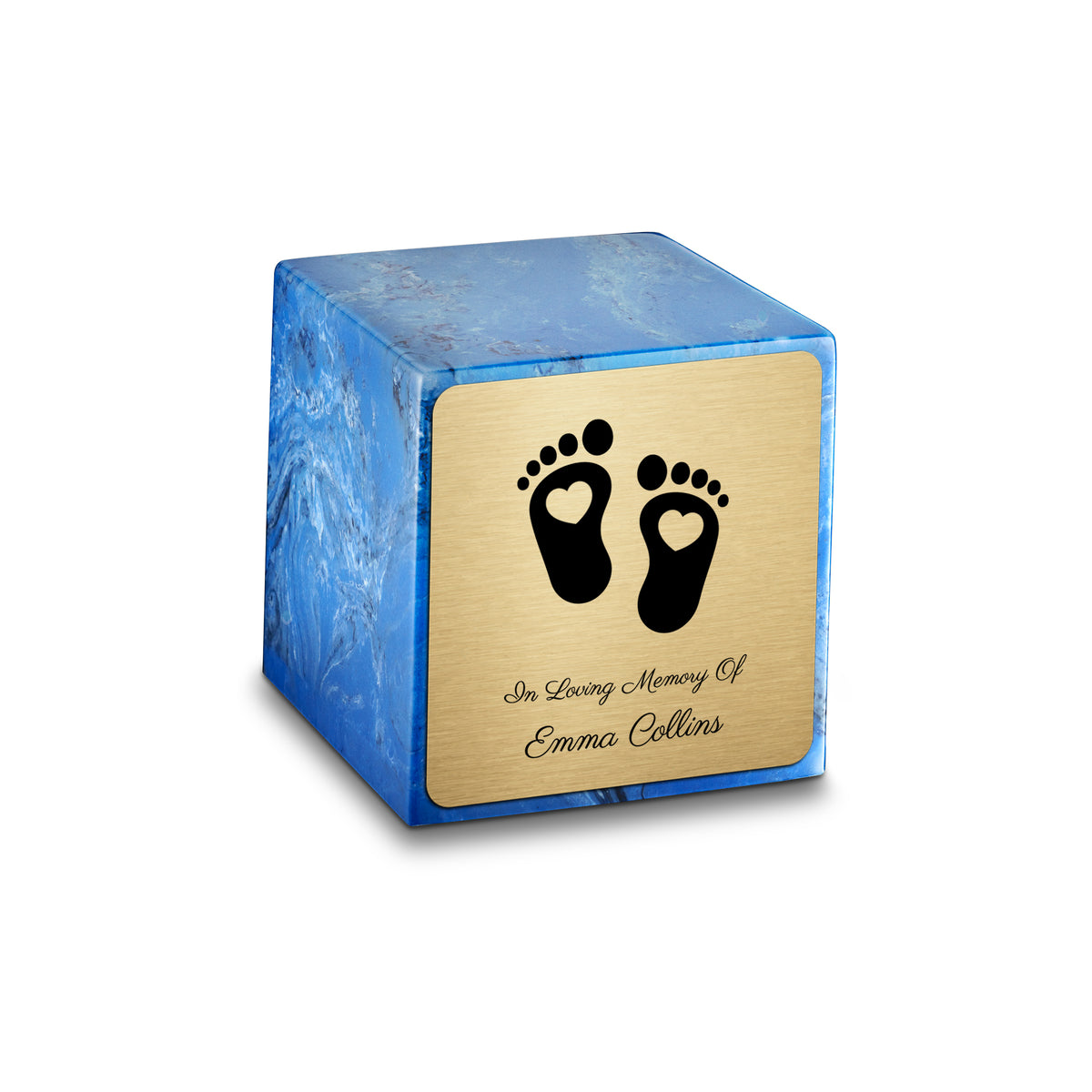 Small Cube Loving Heart Feet Mystic Blue Cultured Marble Child Cremation Urn by MacKenzie
