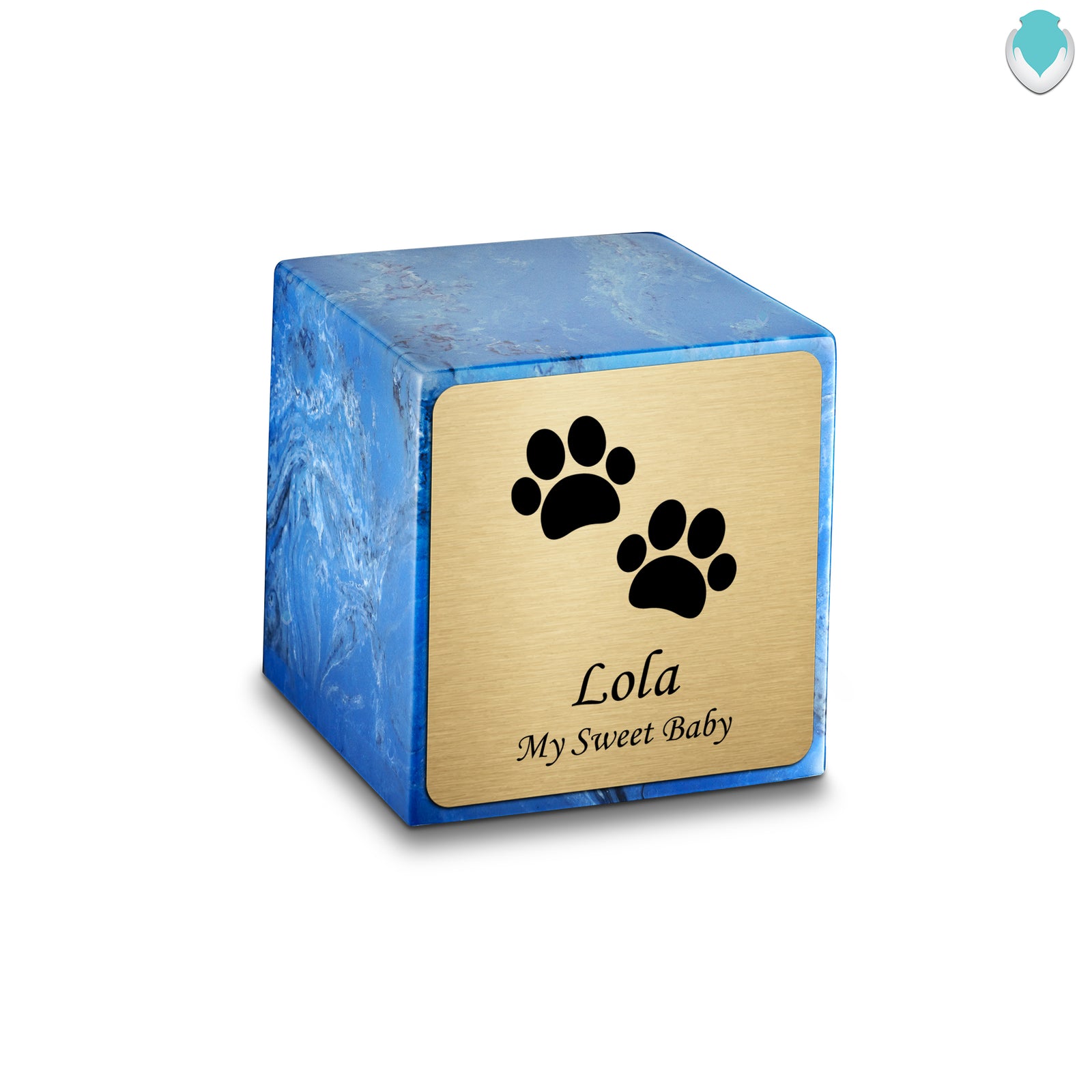 Small Cube Walking Paws Mystic Blue Cultured Marble Pet Cremation Urn by MacKenzie