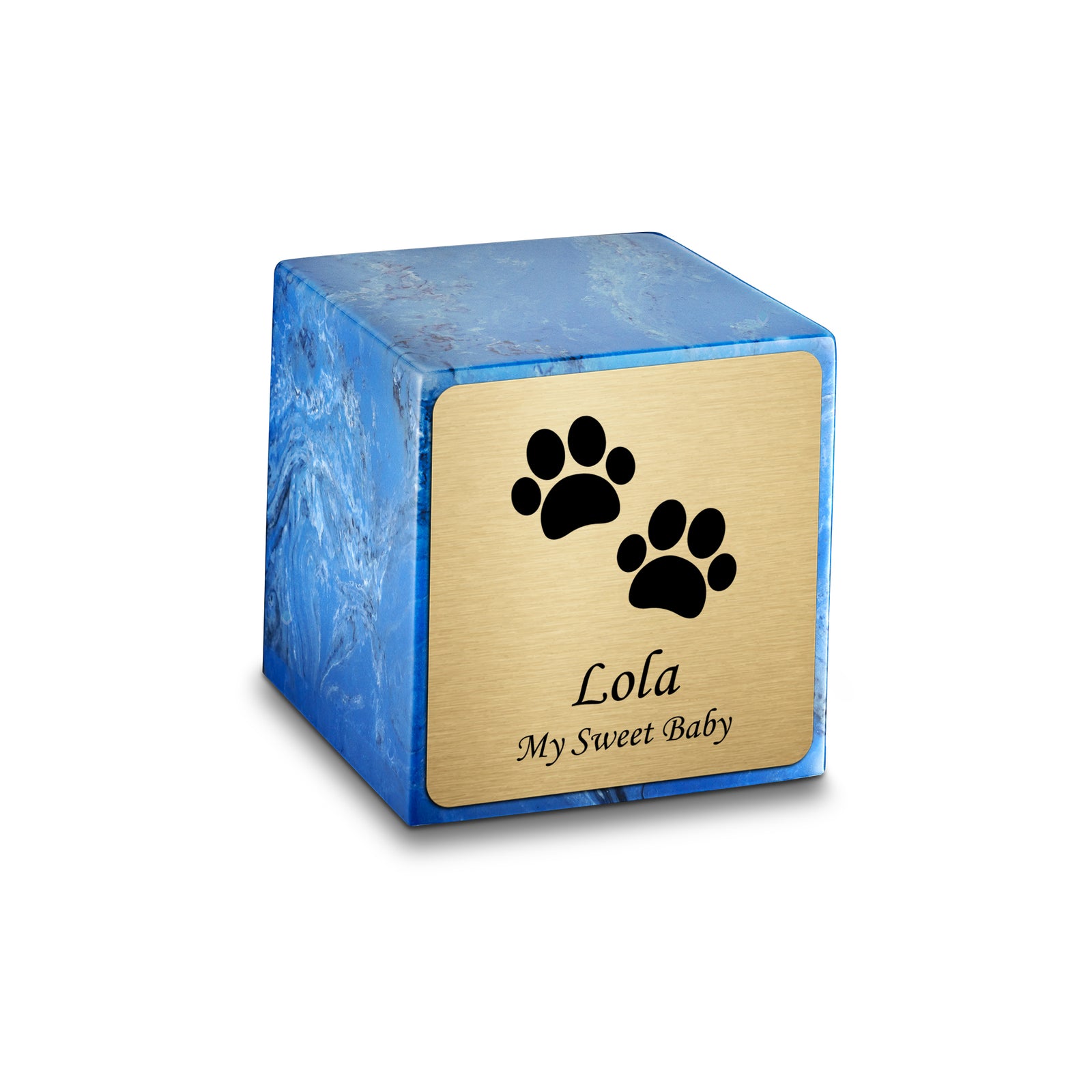 Small Cube Walking Paws Mystic Blue Cultured Marble Pet Cremation Urn by MacKenzie