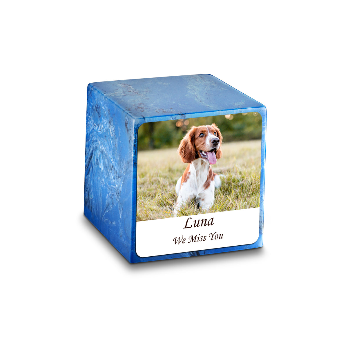 Small Cube Custom Pet Photo Mystic Blue Cultured Marble Pet Cremation Urn by MacKenzie